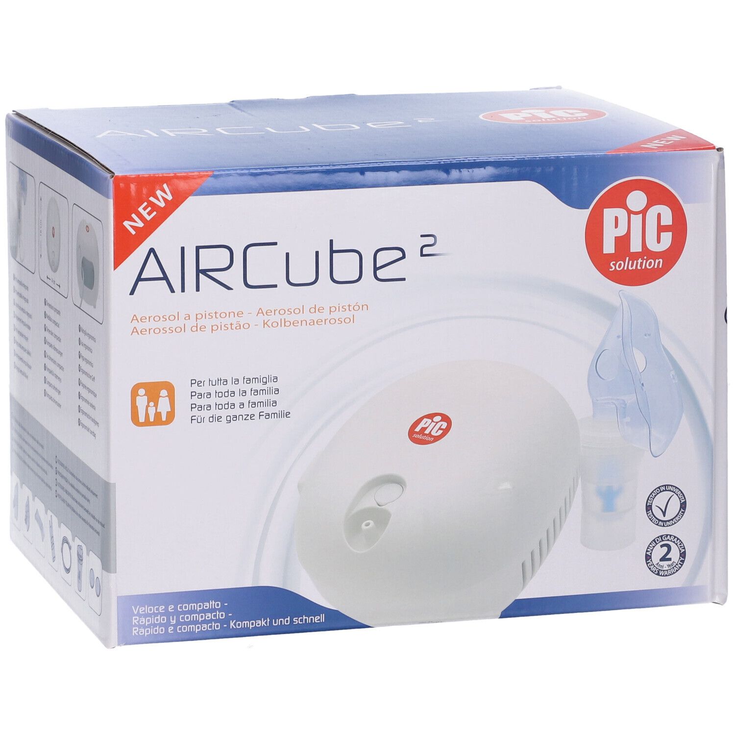 Confezione Aircube2. Scritta 'NEW' e 'PIC solution'. Per tutta la famiglia.