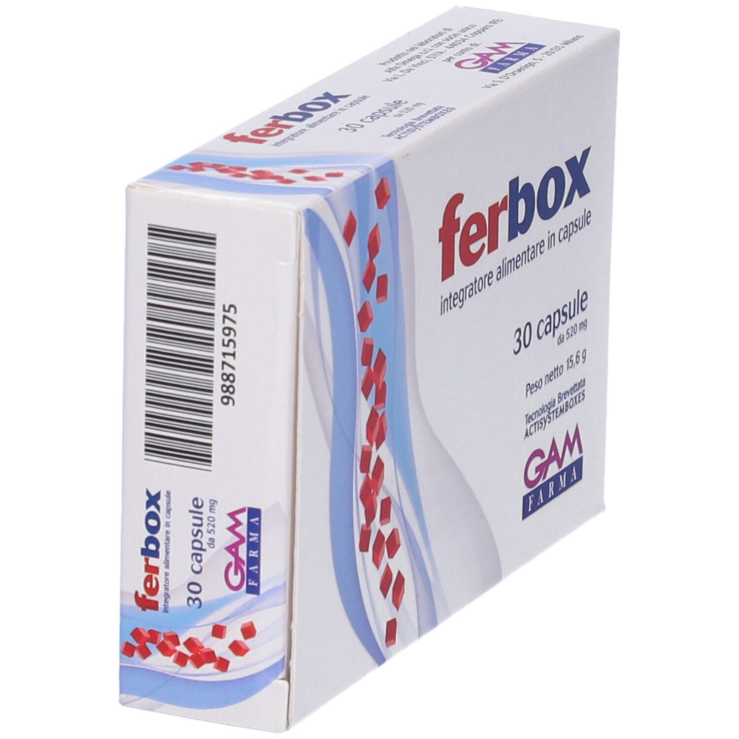 Scatola bianca con logo "ferbox" e testo. Contiene 30 capsule. Codice a barre e logo GAM FARMA.