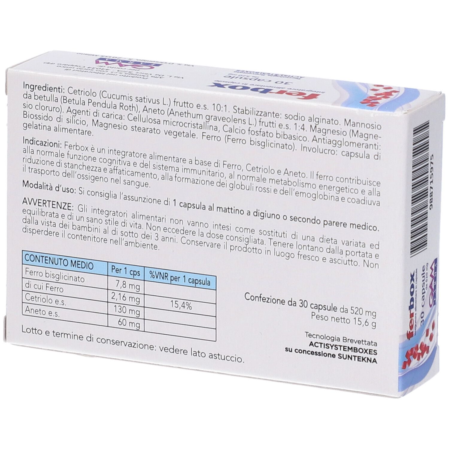 Retro della scatola "ferbox". Contiene ingredienti, informazioni nutrizionali e informazioni produttore.