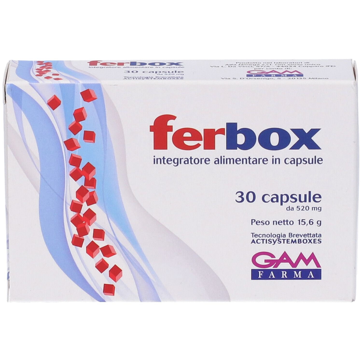 Scatola bianca con logo "ferbox" rosso e testo. Contiene 30 capsule. Marchio GAM FARMA.