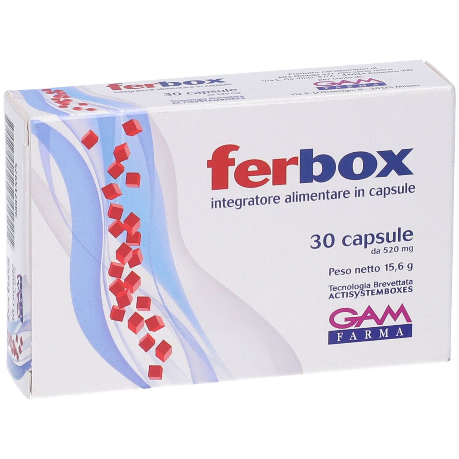 Scatola bianca con logo "ferbox" rosso e testo. Contiene 30 capsule. Marchio GAM FARMA.