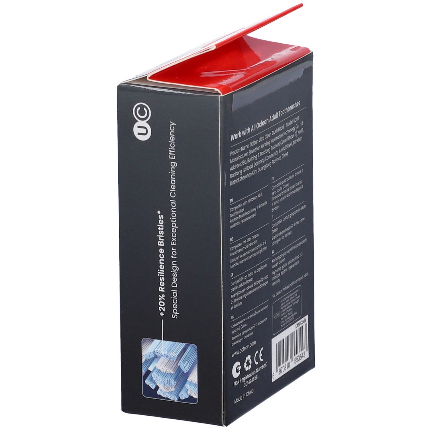 Confezione testine Oclean Ultra Clean. Vista dettagliata con caratteristiche e loghi.
