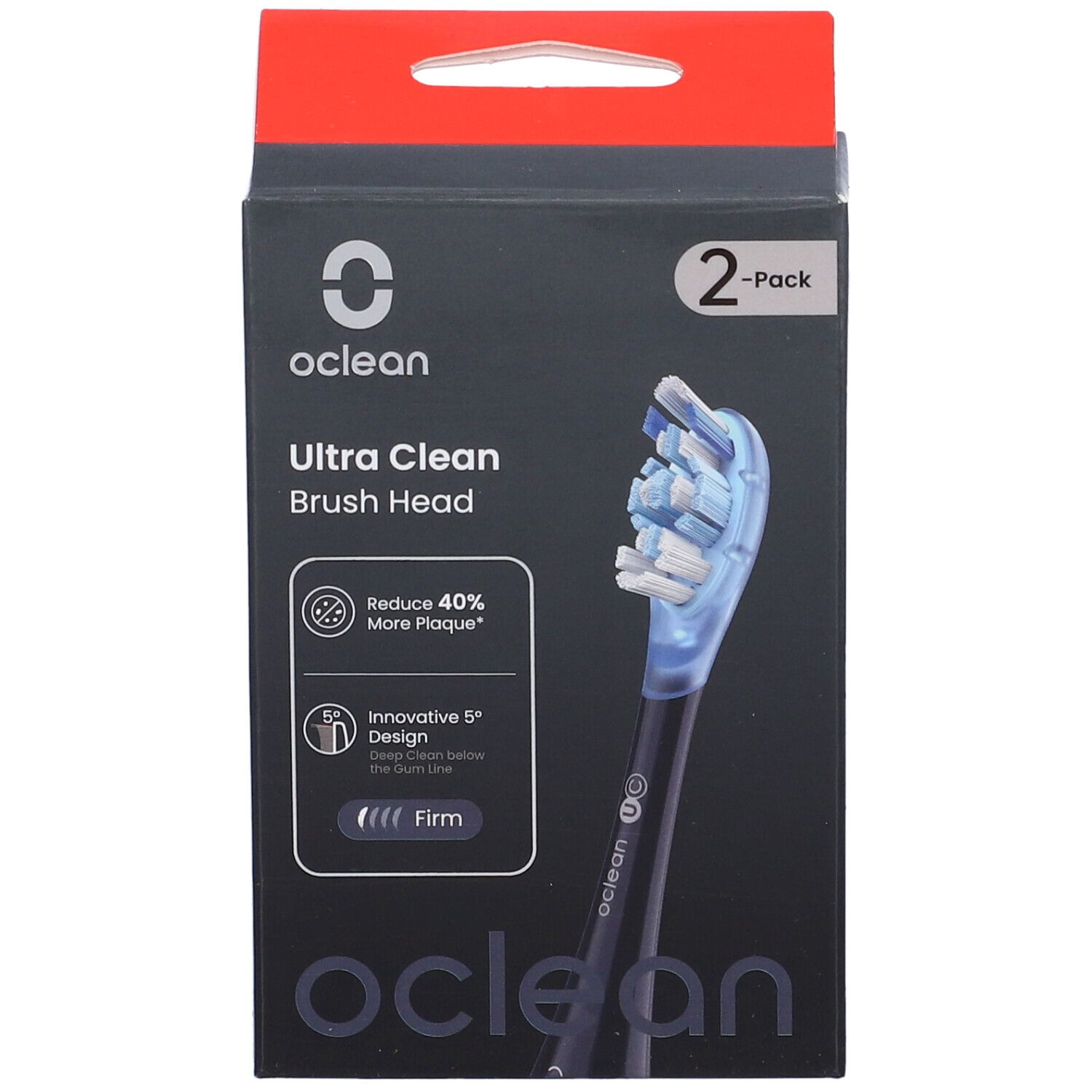 Testine Oclean Ultra Clean, confezione da 2. Confezione nera con immagine del prodotto e loghi.