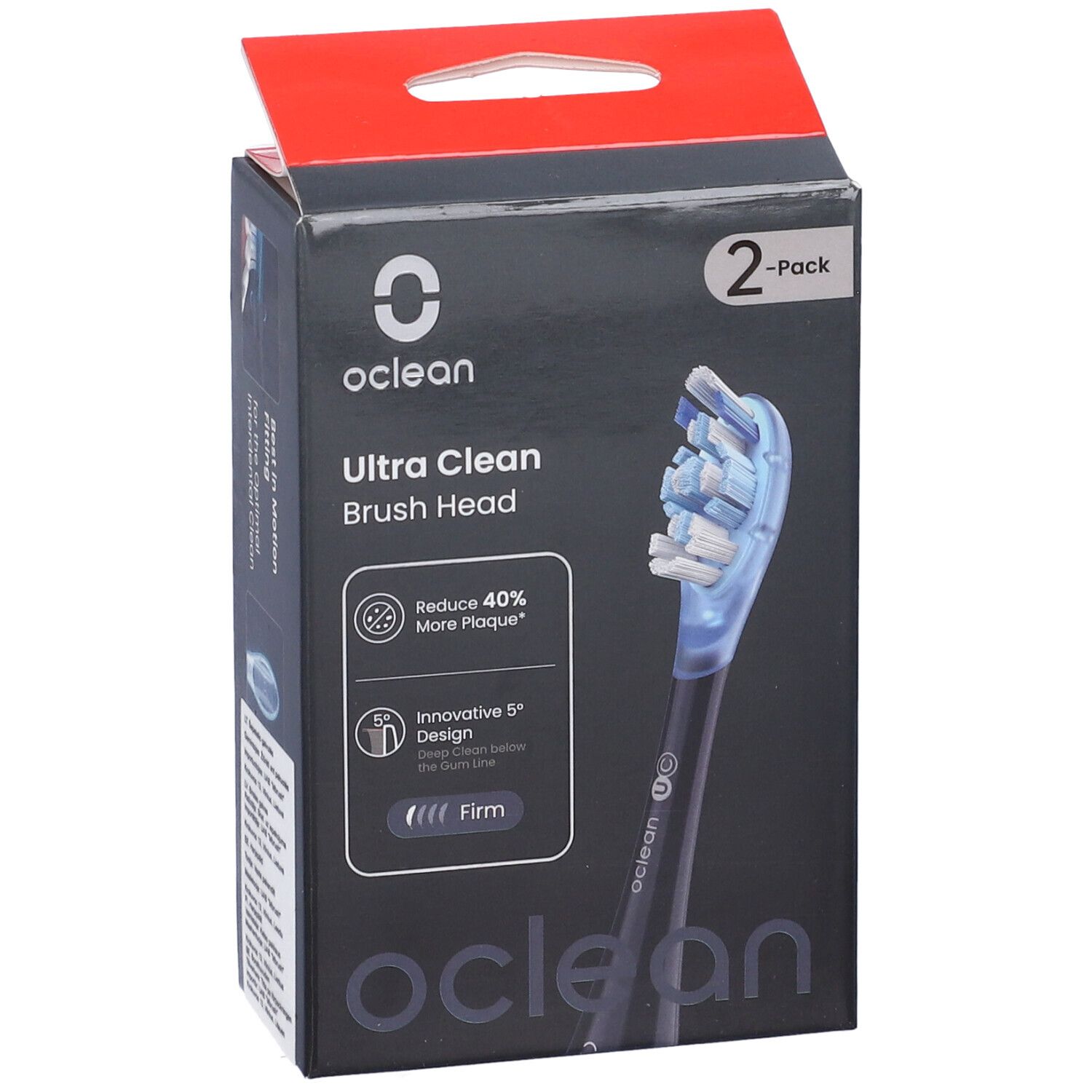 Testine Oclean Ultra Clean, confezione da 2. Confezione nera con immagine del prodotto e loghi.
