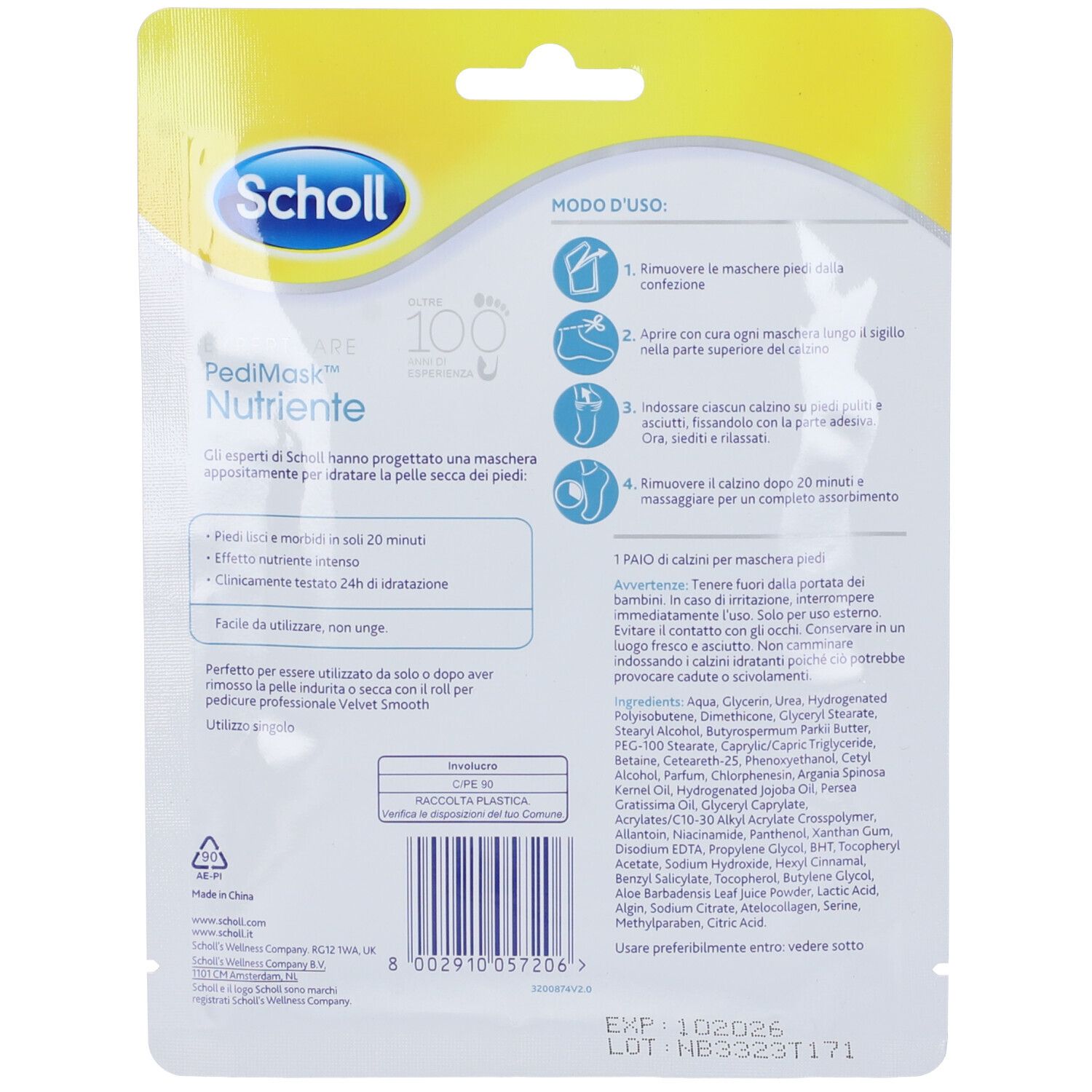 Retro confezione Scholl PediMask Nutriente. Contiene istruzioni per l'uso e ingredienti.