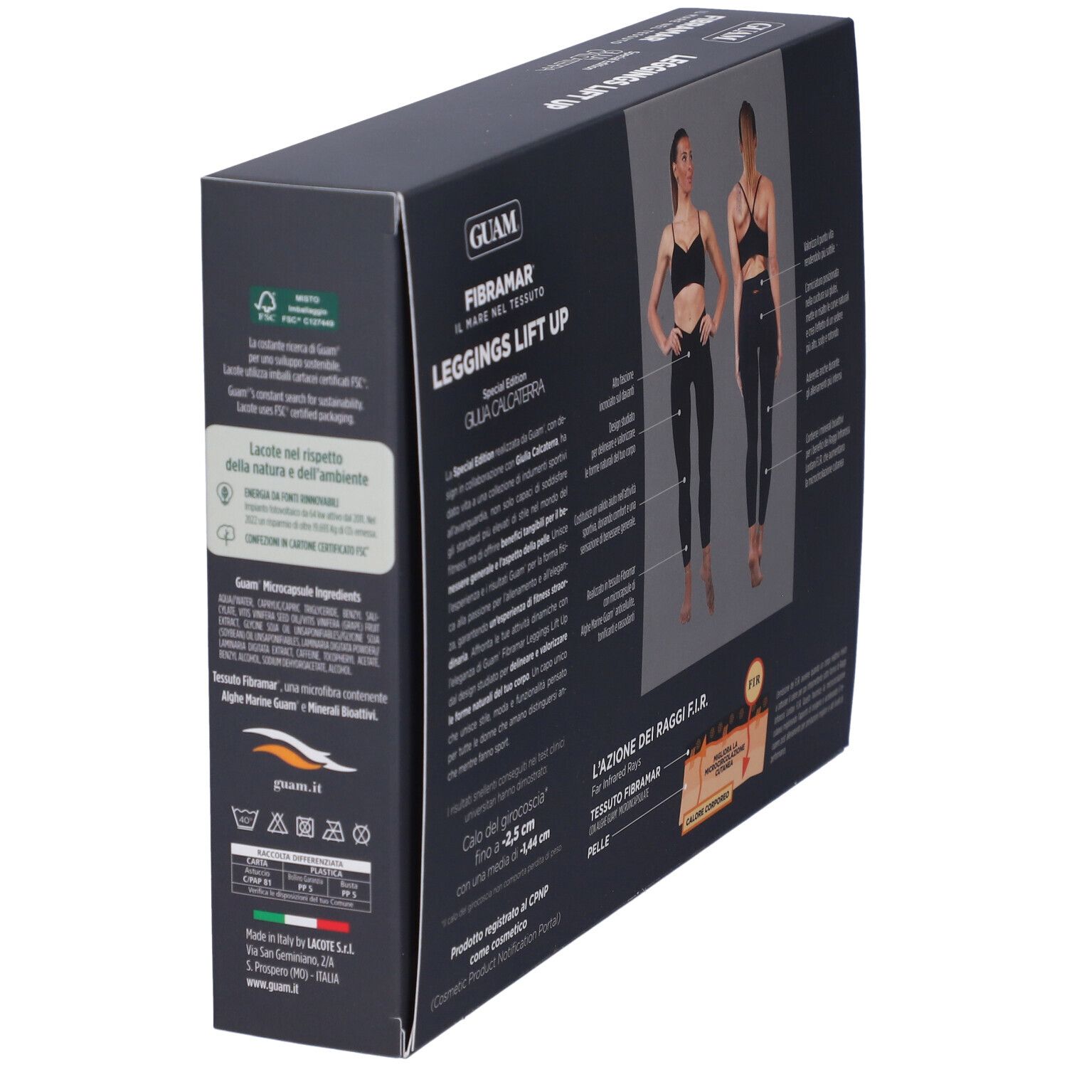 Confezione leggings, vista laterale con testo. Marchio GUAM, nome prodotto: Leggings Lift Up. Testo e immagine.