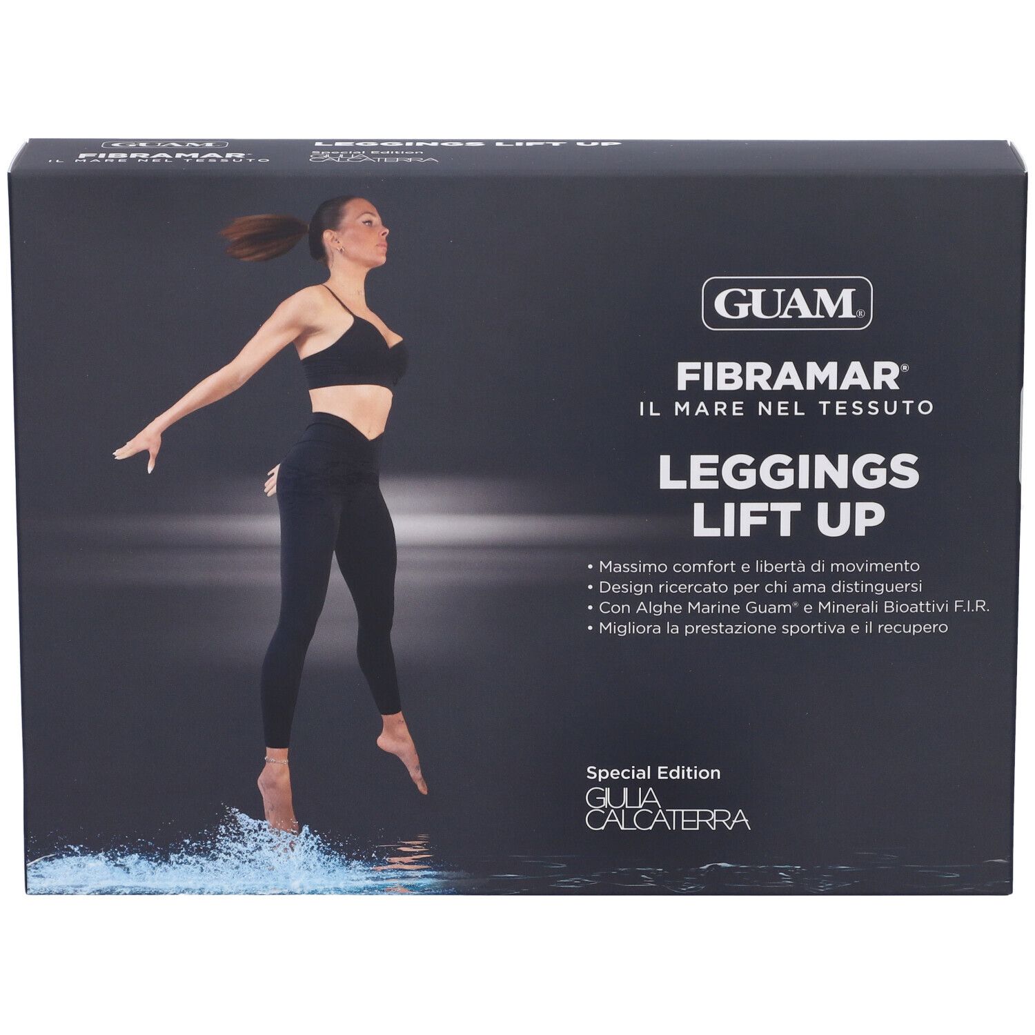 Confezione leggings. Marchio GUAM, nome prodotto: Leggings Lift Up. Immagine di donna con leggings.
