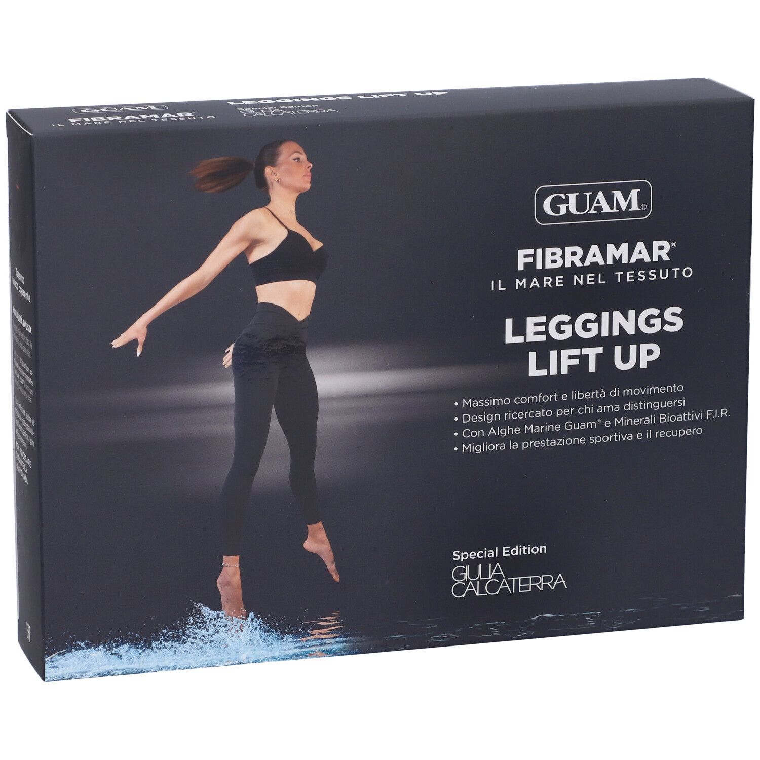 Confezione leggings. Marchio GUAM, nome prodotto: Leggings Lift Up. Immagine di donna con leggings.