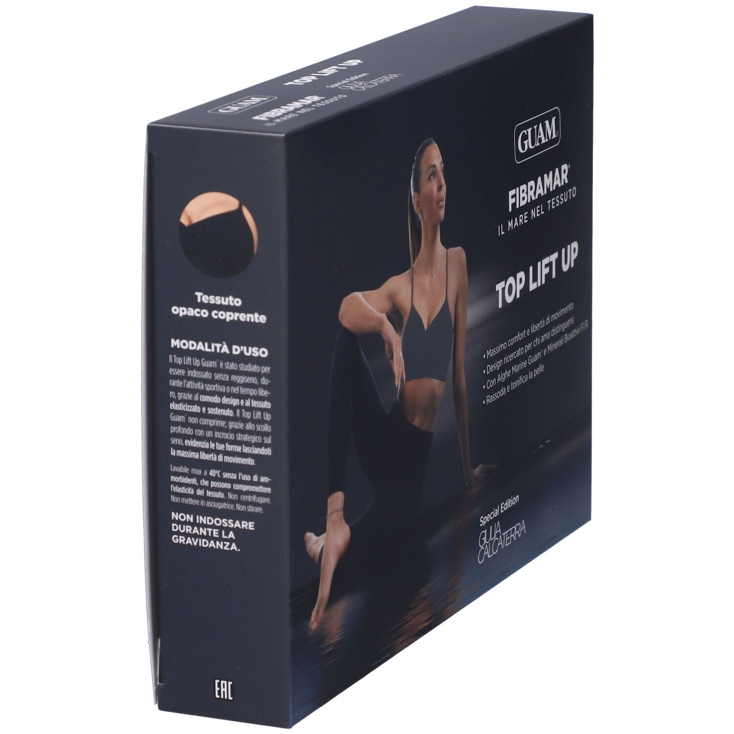 Scatola nera con immagine prodotto. Testo: GUAM, FIBRAMAR, TOP LIFT UP. Donna in abbigliamento sportivo. Testo su tessuto e uso.