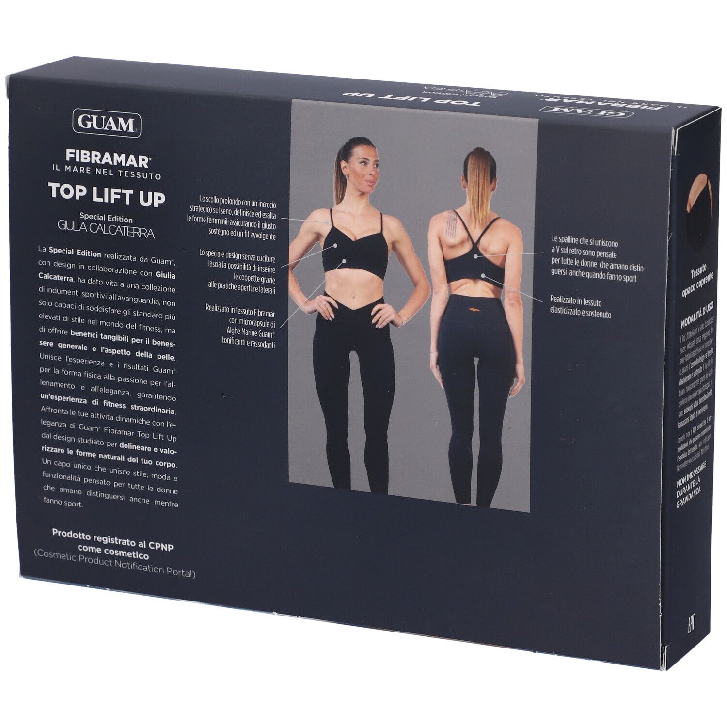 Scatola nera con immagine prodotto. Testo: GUAM, FIBRAMAR, TOP LIFT UP. Donna in abbigliamento sportivo, vista fronte e retro.