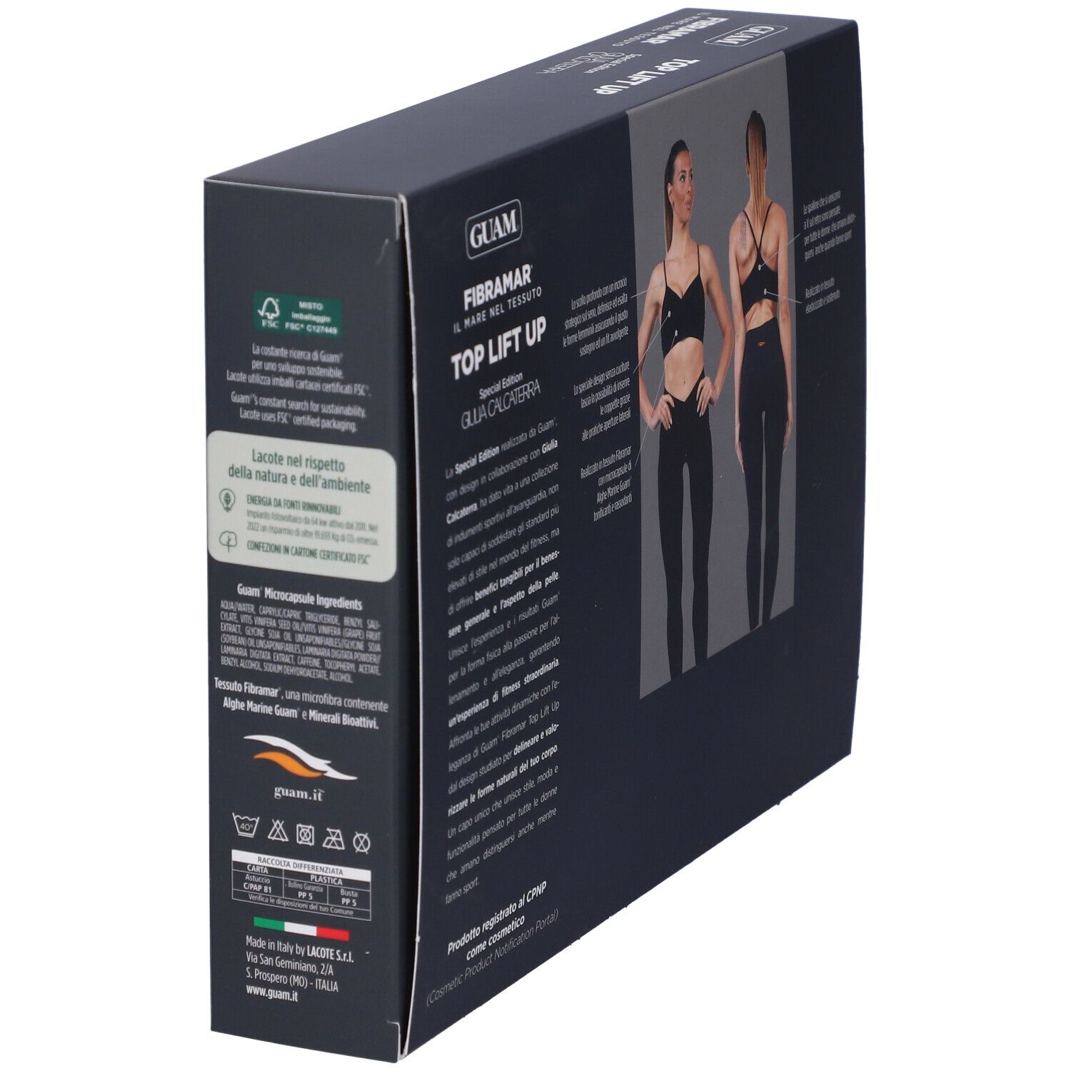 Scatola nera con immagine prodotto. Testo: GUAM, FIBRAMAR, TOP LIFT UP. Donna in abbigliamento sportivo, vista posteriore. Testi e loghi.
