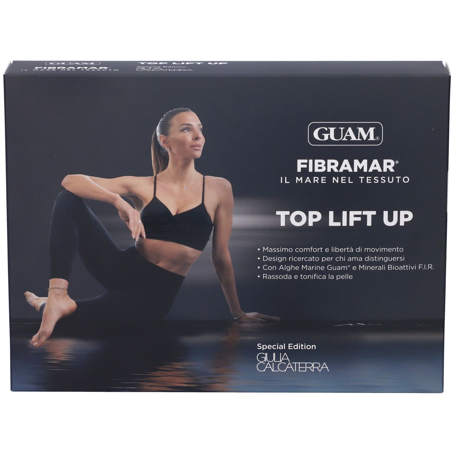 Scatola nera con immagine prodotto. Testo: GUAM, FIBRAMAR, TOP LIFT UP, Edizione Speciale. Donna in abbigliamento sportivo.