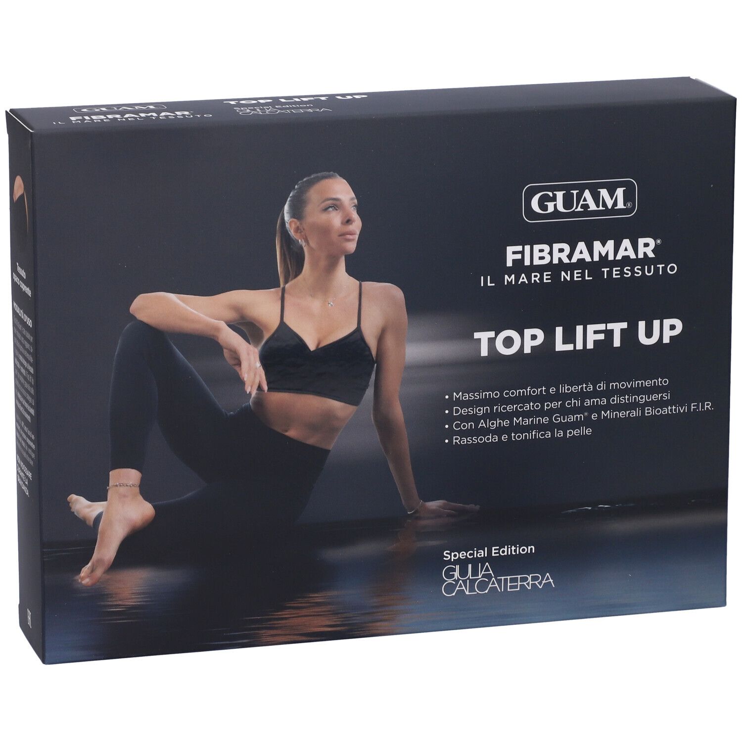Scatola nera con immagine prodotto. Testo: GUAM, FIBRAMAR, TOP LIFT UP, Edizione Speciale. Donna in abbigliamento sportivo.