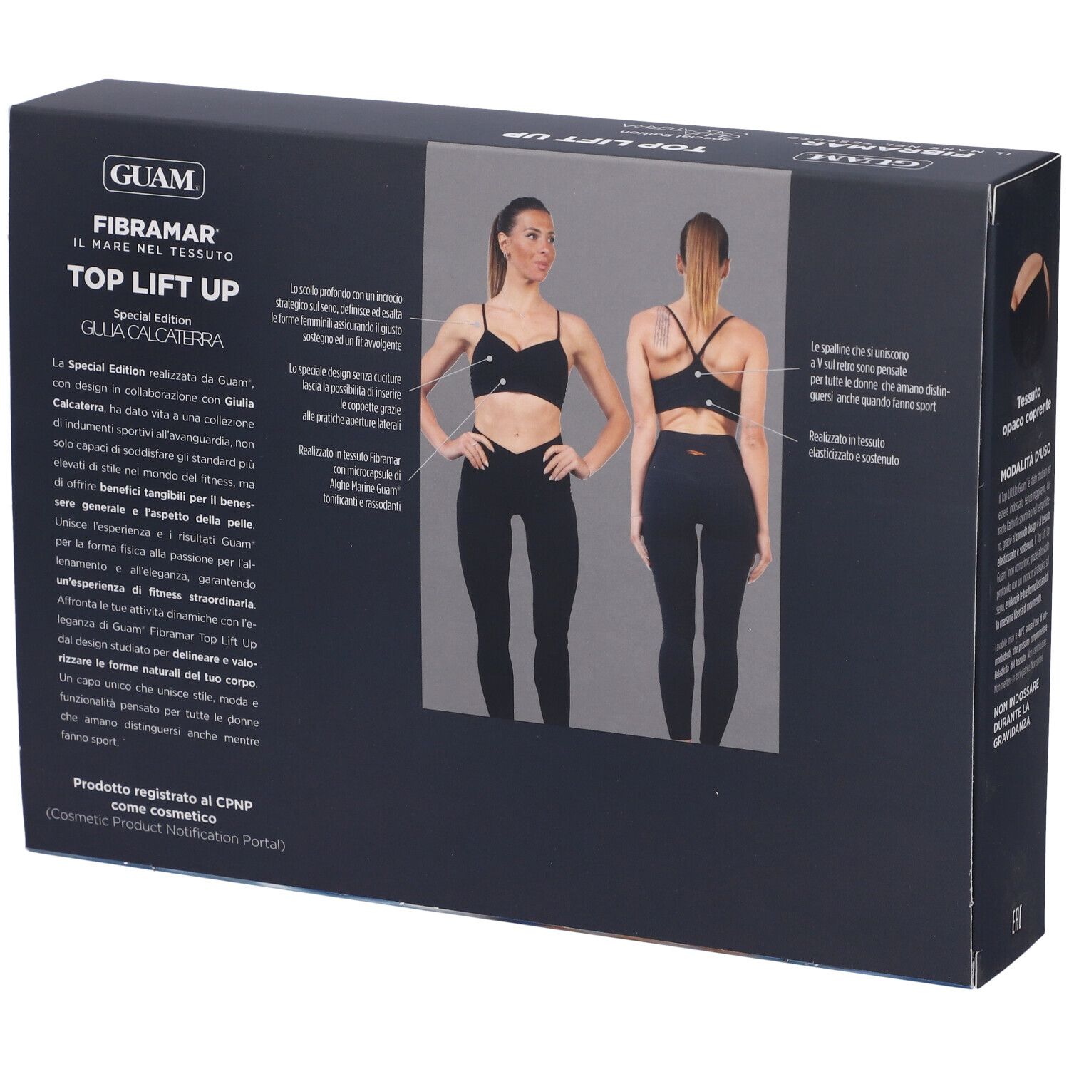 Confezione nera con logo GUAM e nome prodotto TOP LIFT UP. Vista posteriore di una donna in abbigliamento sportivo.