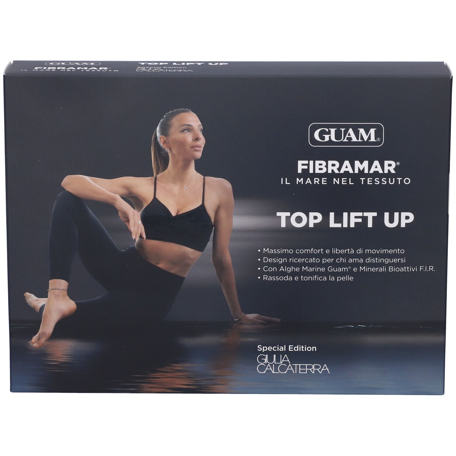 Confezione nera con logo GUAM e nome prodotto TOP LIFT UP. Raffigurata una donna in abbigliamento sportivo.