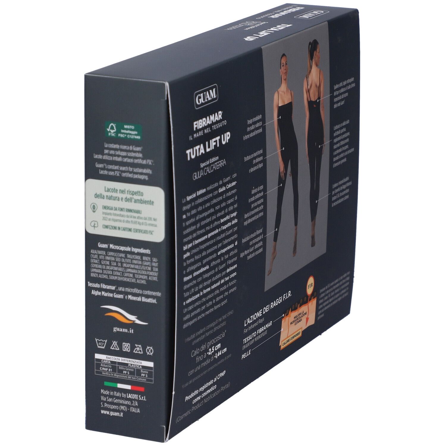 Scatola nera, retro. Testo: GUAM, Fibramar, Tuta Lift Up. Informazioni prodotto, ingredienti, certificazioni.