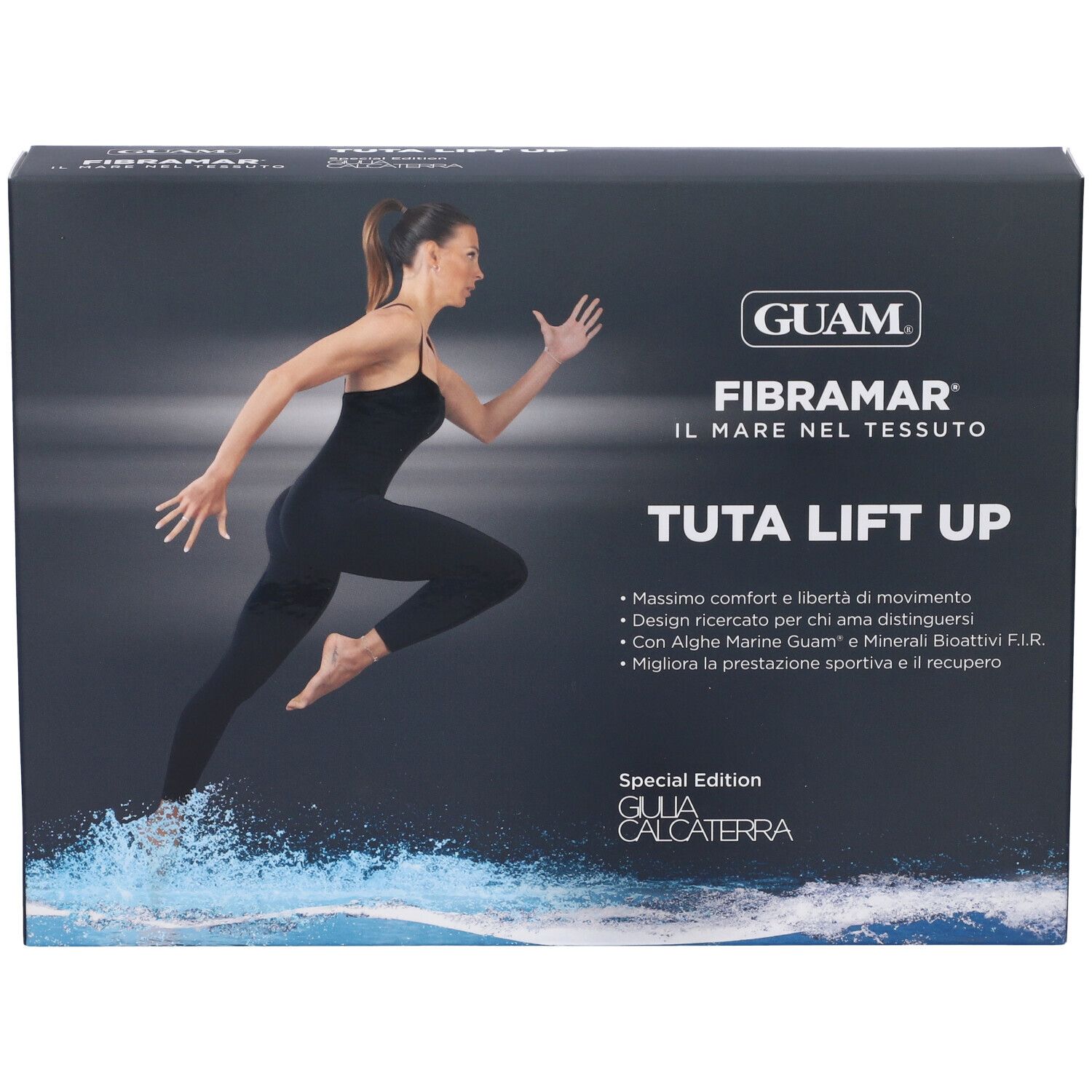 Scatola nera con immagine del prodotto. Scritta: GUAM, Fibramar, Tuta Lift Up. Immagine di donna in tuta nera.