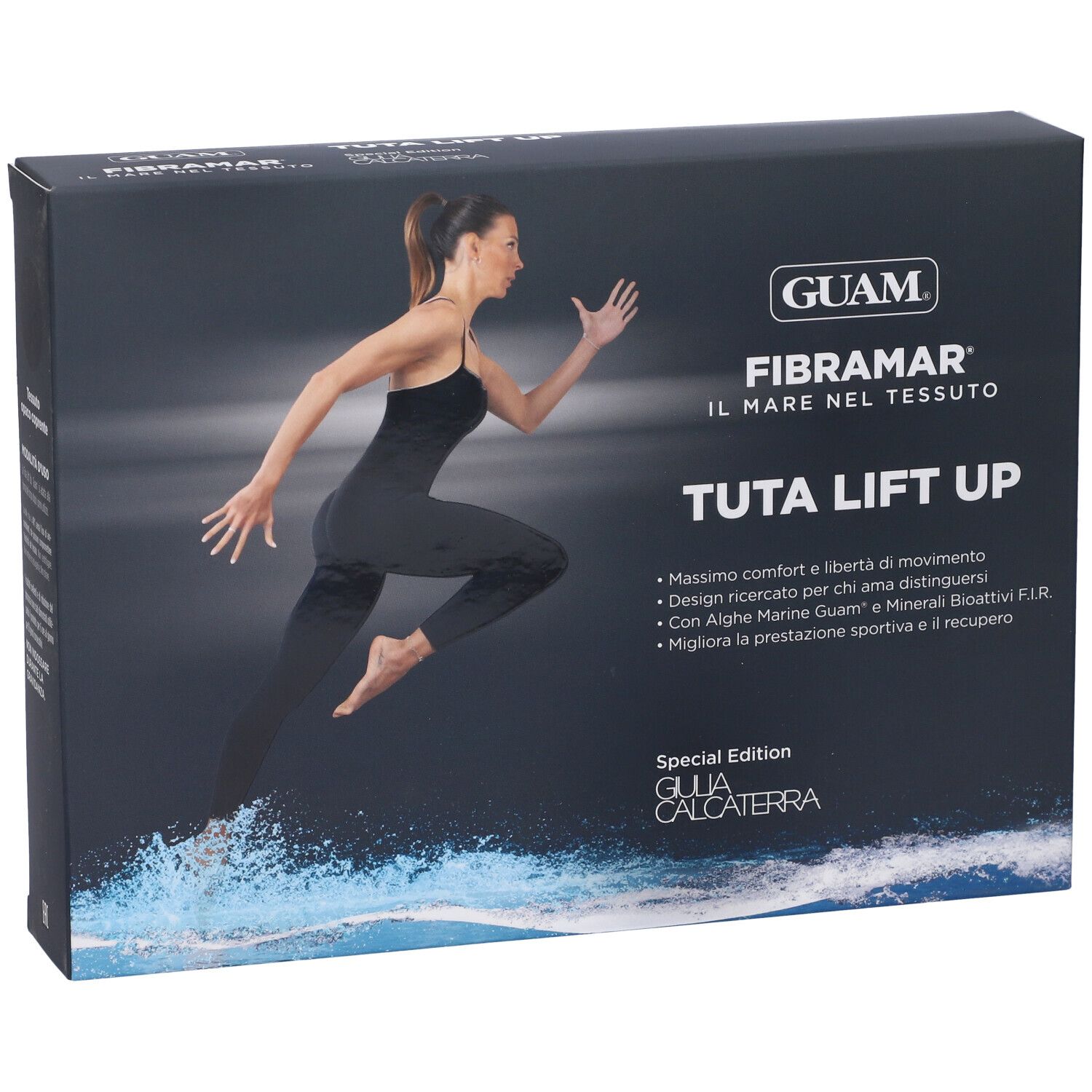 Scatola nera con immagine del prodotto. Scritta: GUAM, Fibramar, Tuta Lift Up. Immagine di donna in tuta nera.