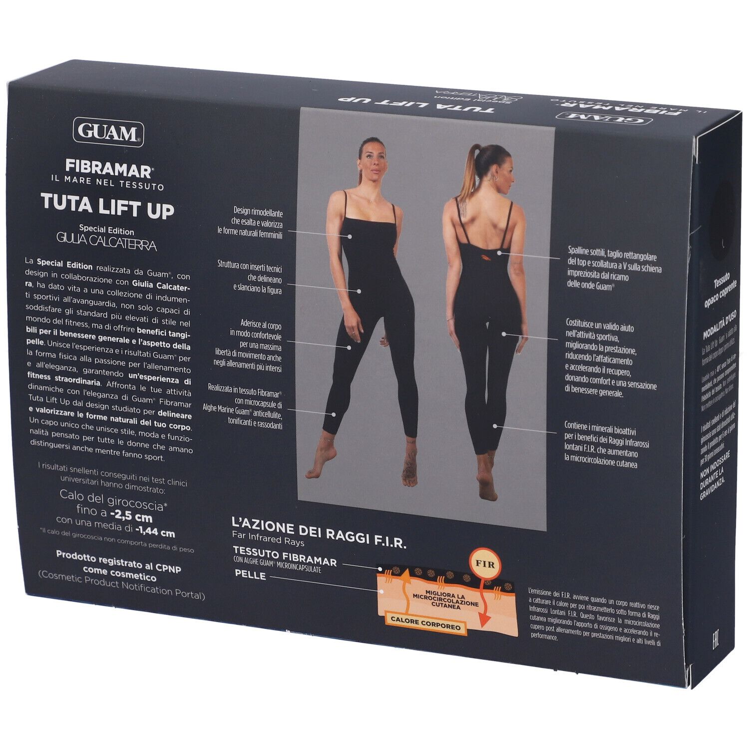 Retro della scatola nera. Scritta: GUAM, Fibramar Tuta Lift Up. Immagini di donna in tuta nera, testo.