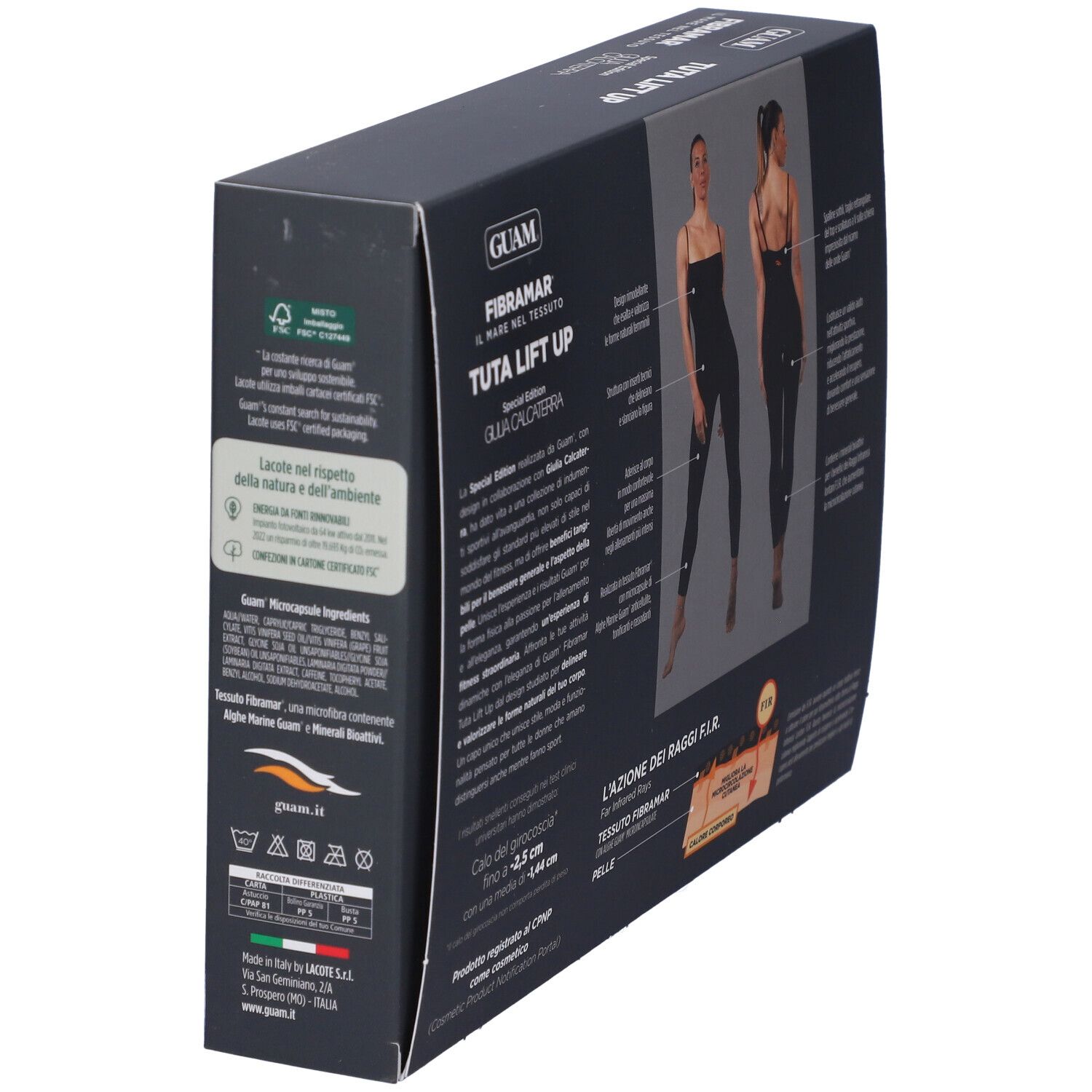Scatola nera, vista laterale. Scritta: GUAM, Fibramar Tuta Lift Up. Testo e loghi.