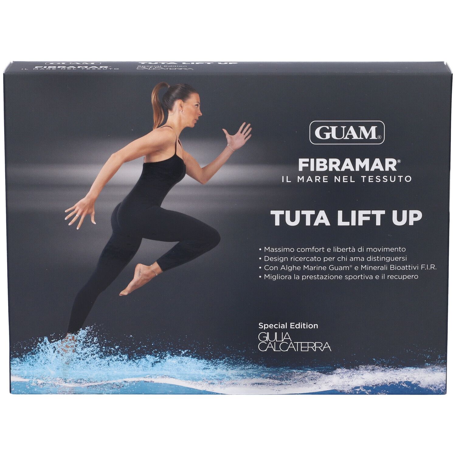 Scatola nera con immagine del prodotto. Scritta: GUAM, Fibramar Tuta Lift Up. Immagine di donna in tuta nera.