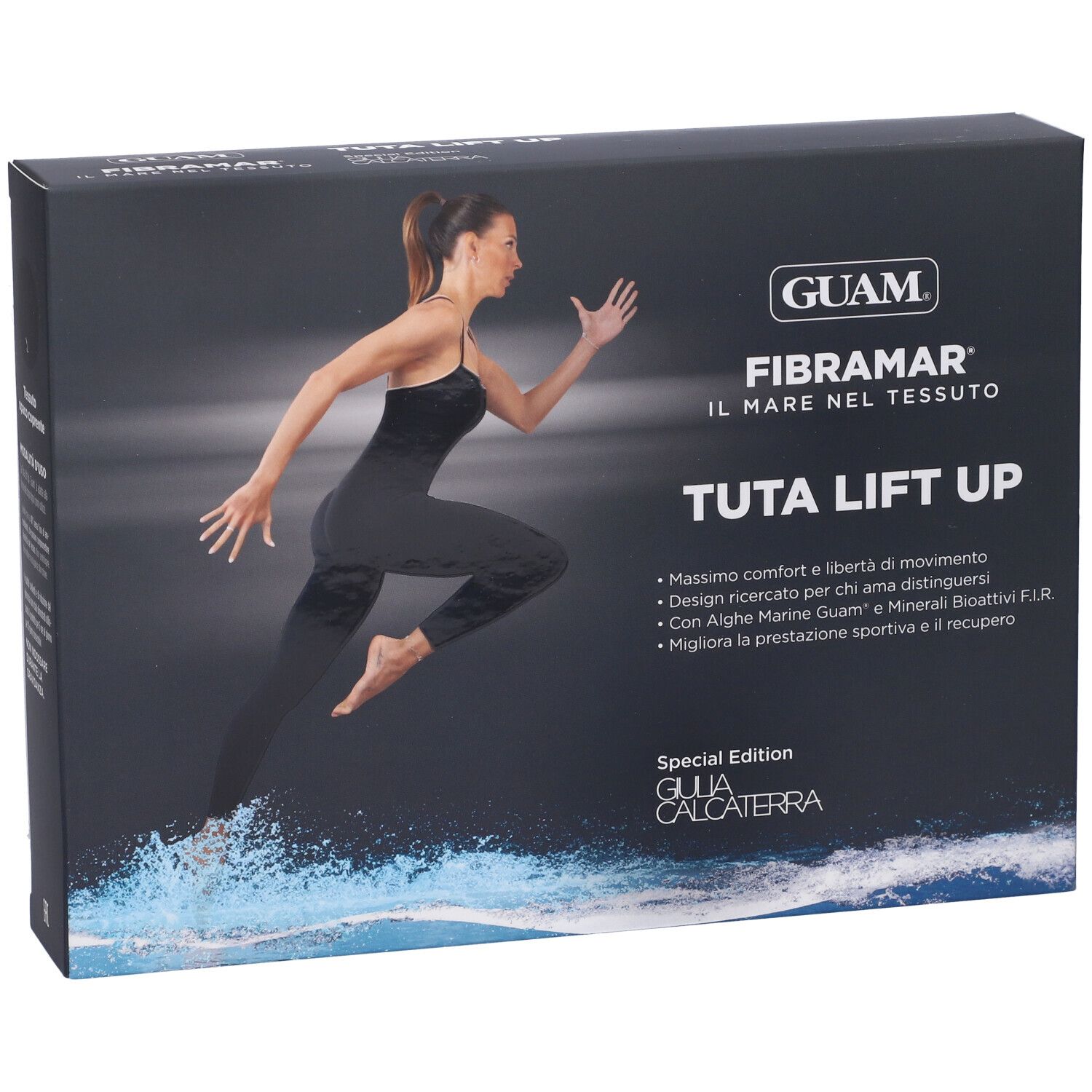 Scatola nera con immagine del prodotto. Scritta: GUAM, Fibramar Tuta Lift Up. Immagine di donna in tuta nera.