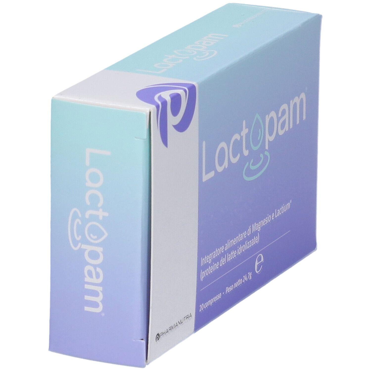 Scatola Lactopam, colori blu e bianco. Nome e logo visibili. Vista laterale.