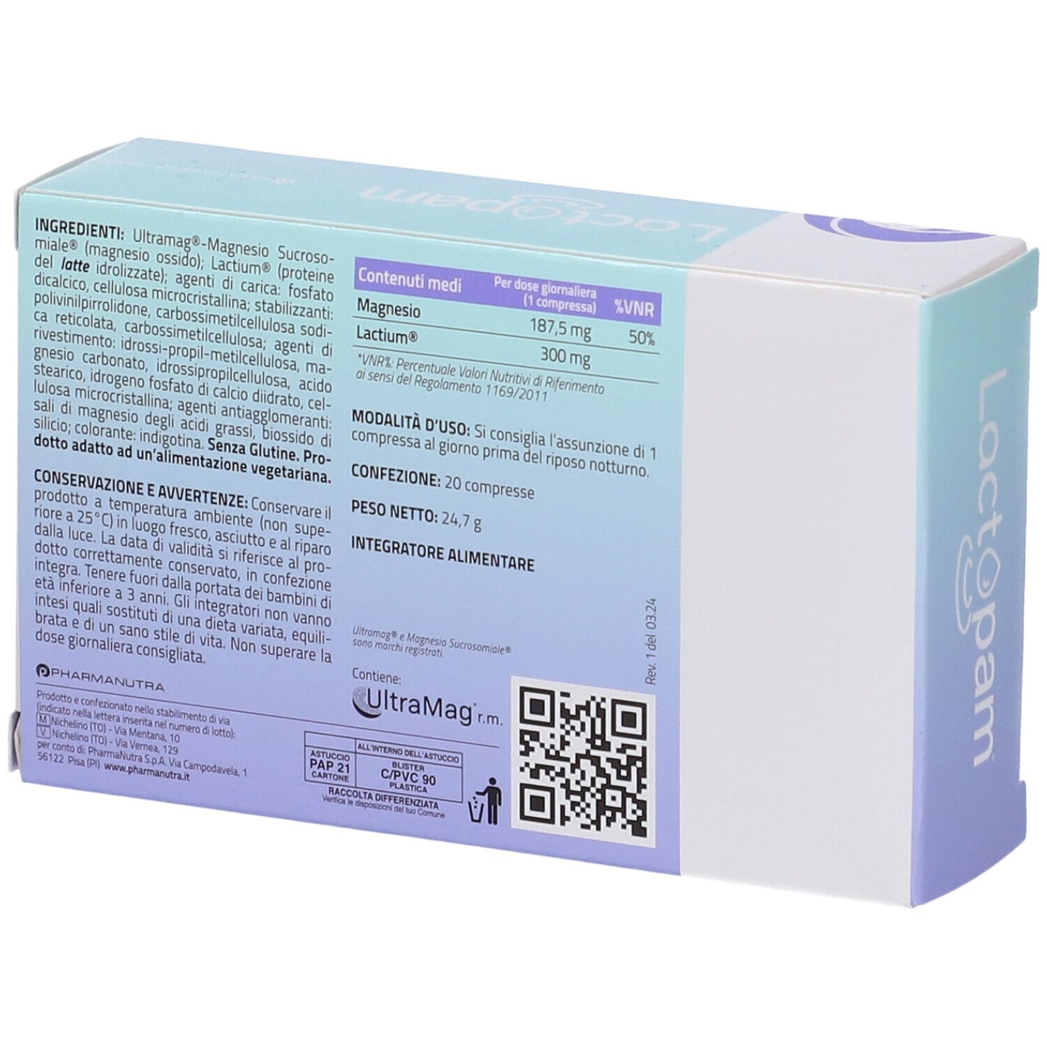 Retro della scatola Lactopam. Elenco ingredienti, informazioni nutrizionali, codice QR e informazioni produttore.