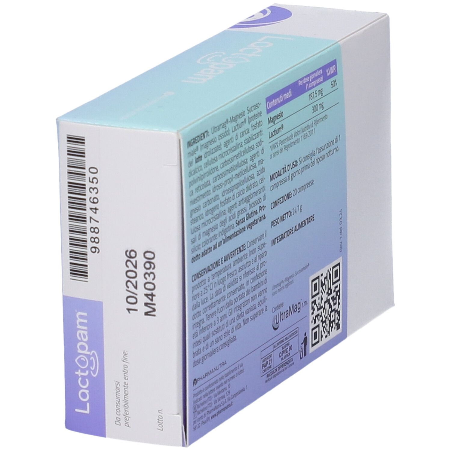 Scatola Lactopam, retro. Ingredienti, informazioni nutrizionali, codice QR e informazioni produttore. Data.
