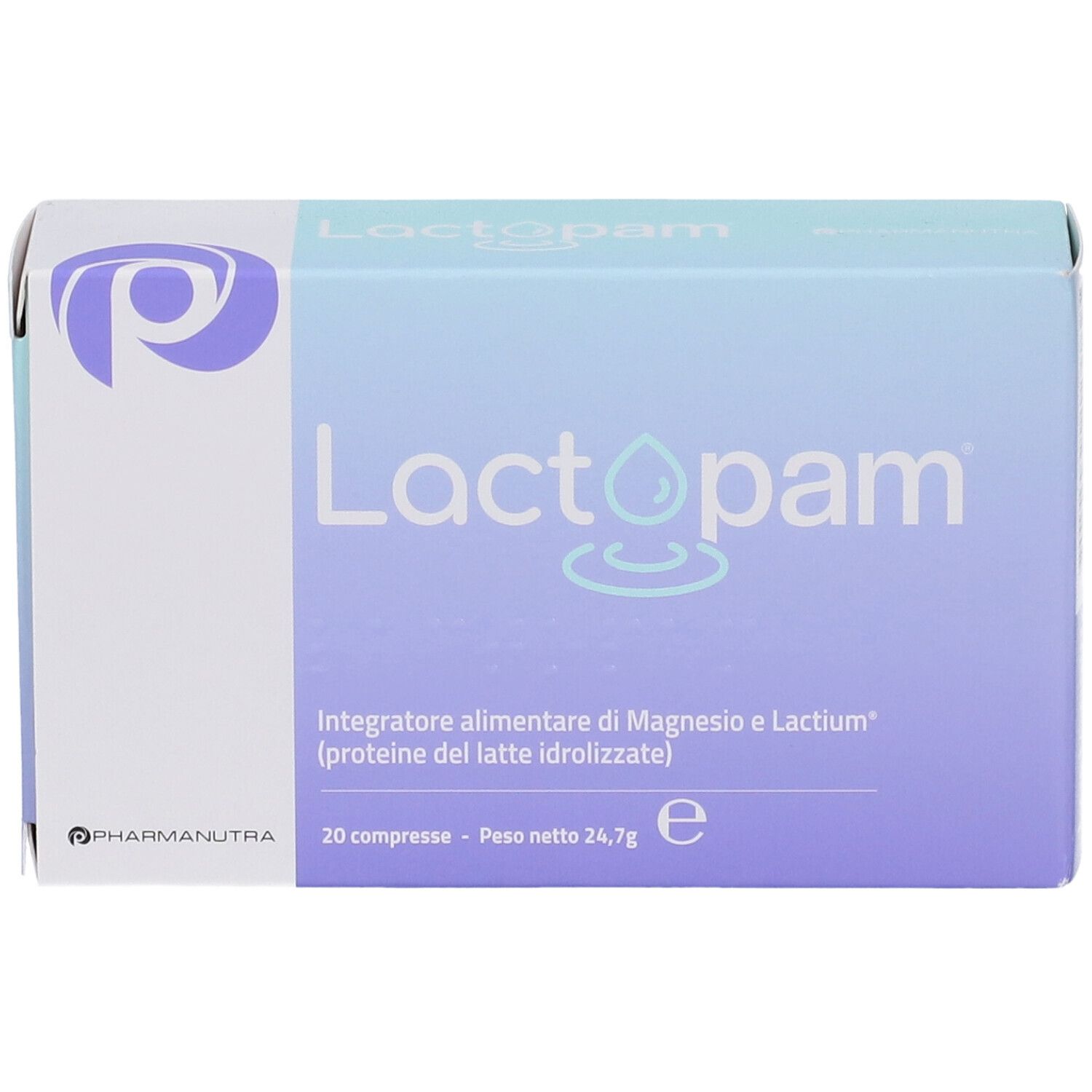 Scatola Lactopam. Colori blu e bianco. Nome e logo visibili. Contiene 20 compresse.