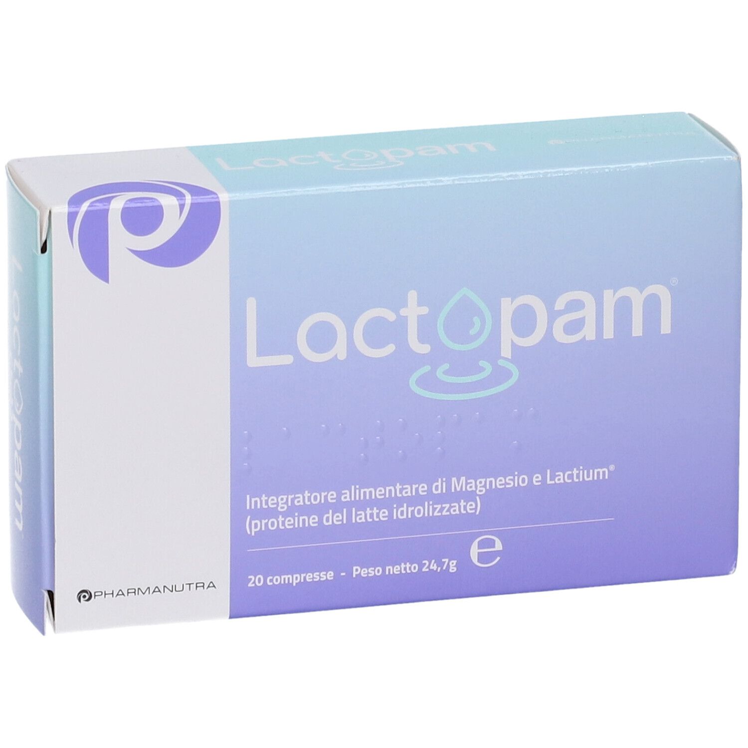 Scatola Lactopam. Colori blu e bianco. Nome e logo visibili. Contiene 20 compresse.