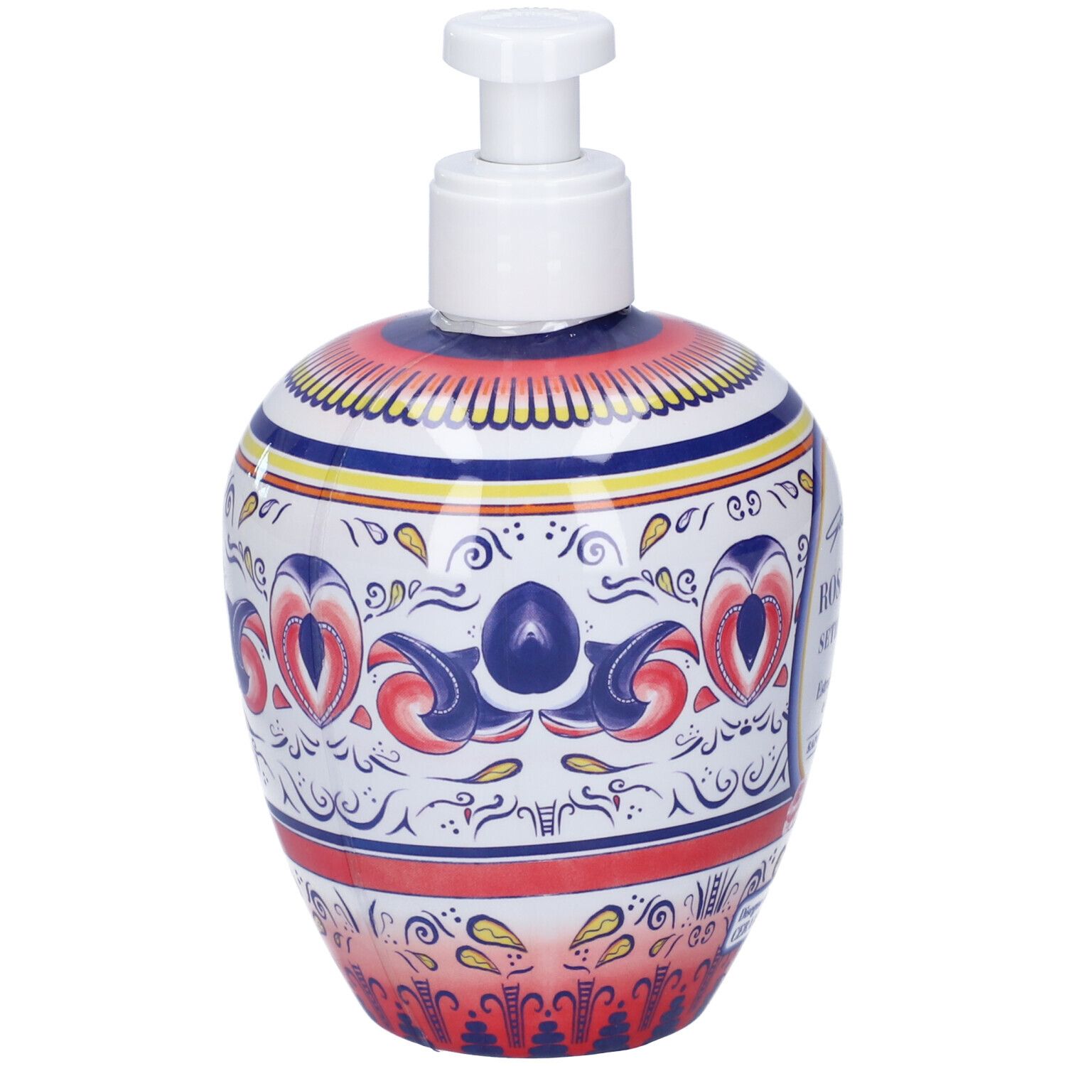 Sapone liquido con dosatore. Bottiglia in ceramica, motivi floreali. Vista laterale.