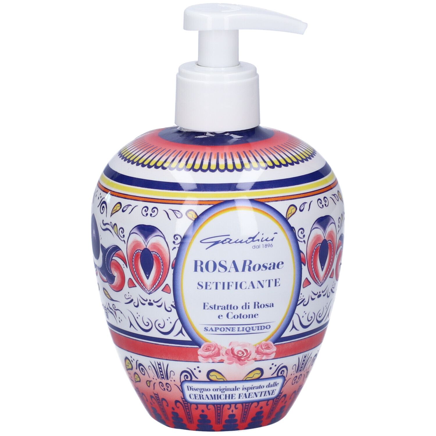 Sapone liquido con dosatore. Bottiglia in ceramica decorativa, motivi floreali e nome del prodotto.