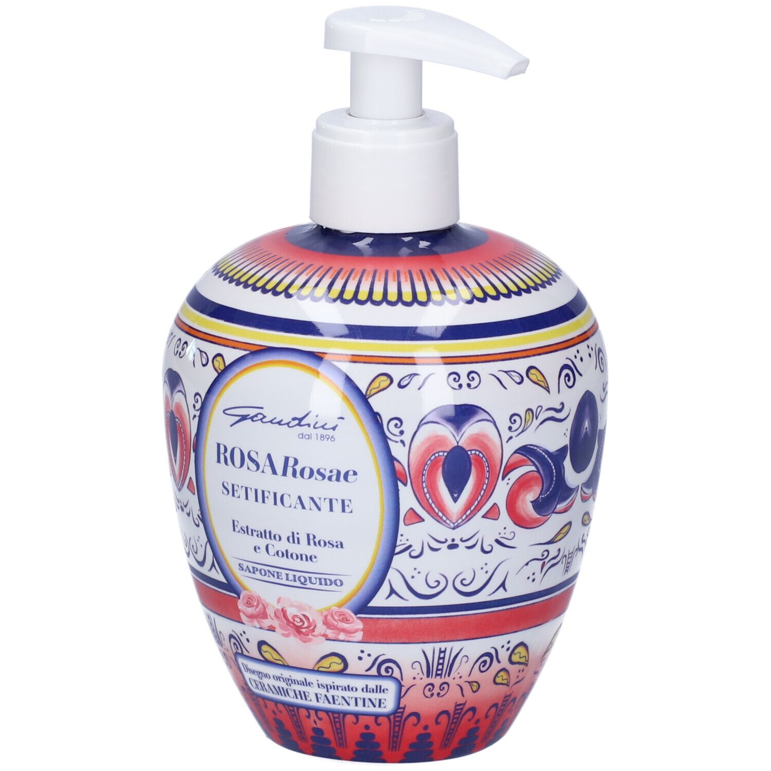 Sapone liquido con dosatore. Bottiglia in ceramica decorativa, motivi floreali e nome del prodotto.