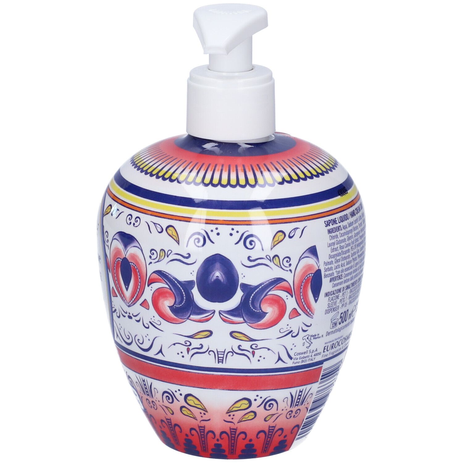 Retro del sapone liquido. Contiene ingredienti e quantità. Bottiglia in ceramica decorativa.