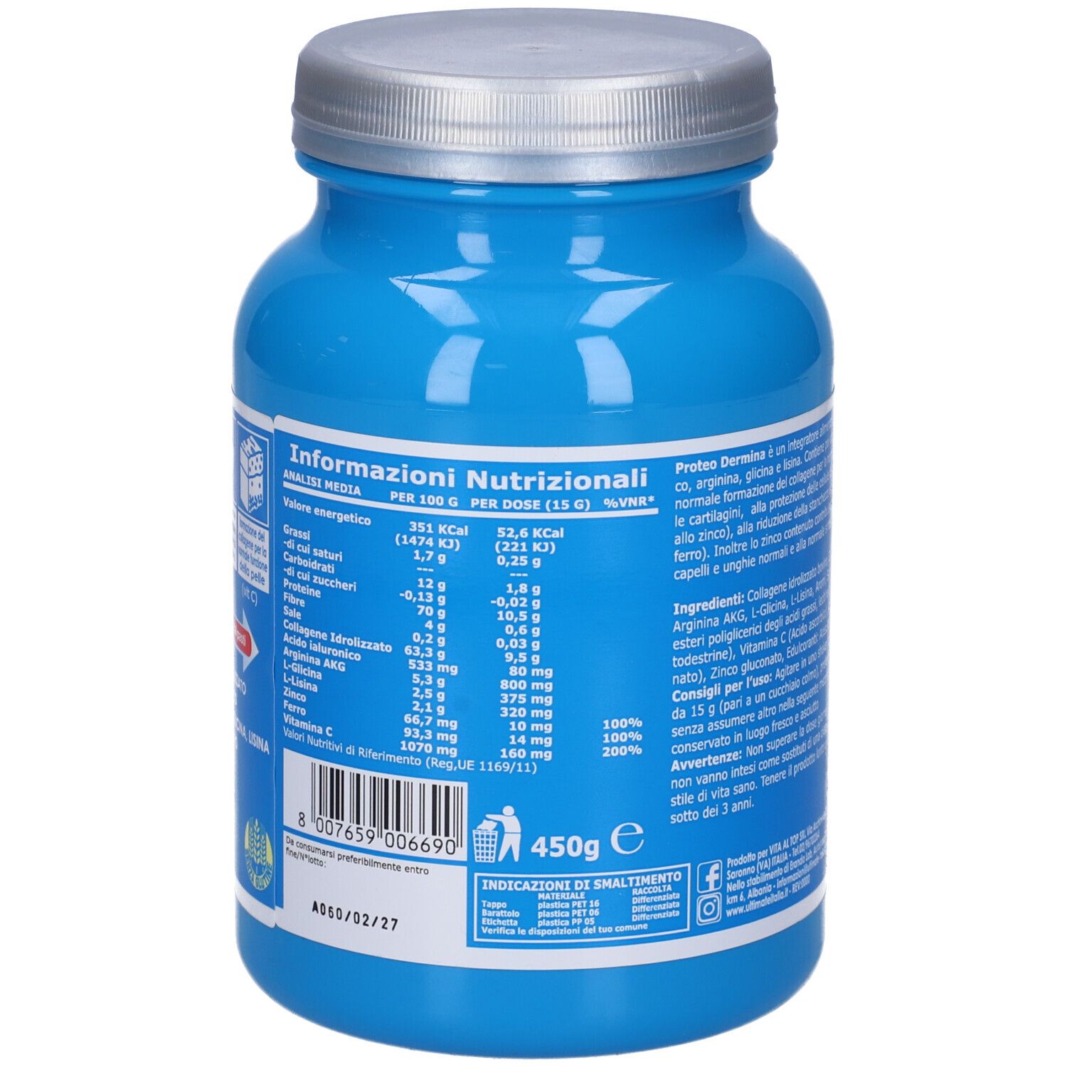 Retro del barattolo blu. Tabella nutrizionale e informazioni sullo smaltimento. Marchio: Ultimate Italia.