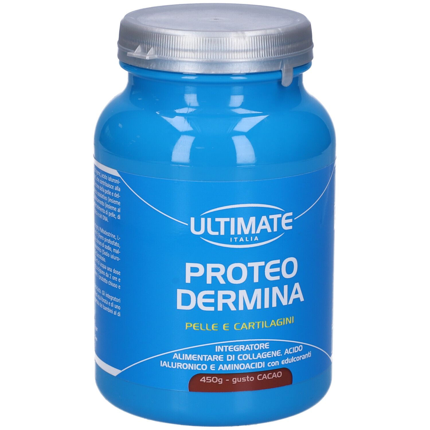 Barattolo blu con coperchio argentato. Scritta: Proteo Dermina, 450g, gusto cacao. Marchio: Ultimate Italia.
