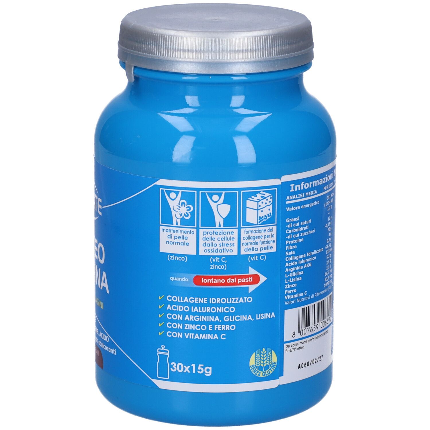 Retro del barattolo blu. Informazioni testuali e tabella nutrizionale. Marchio: Ultimate Italia. 30x15g.