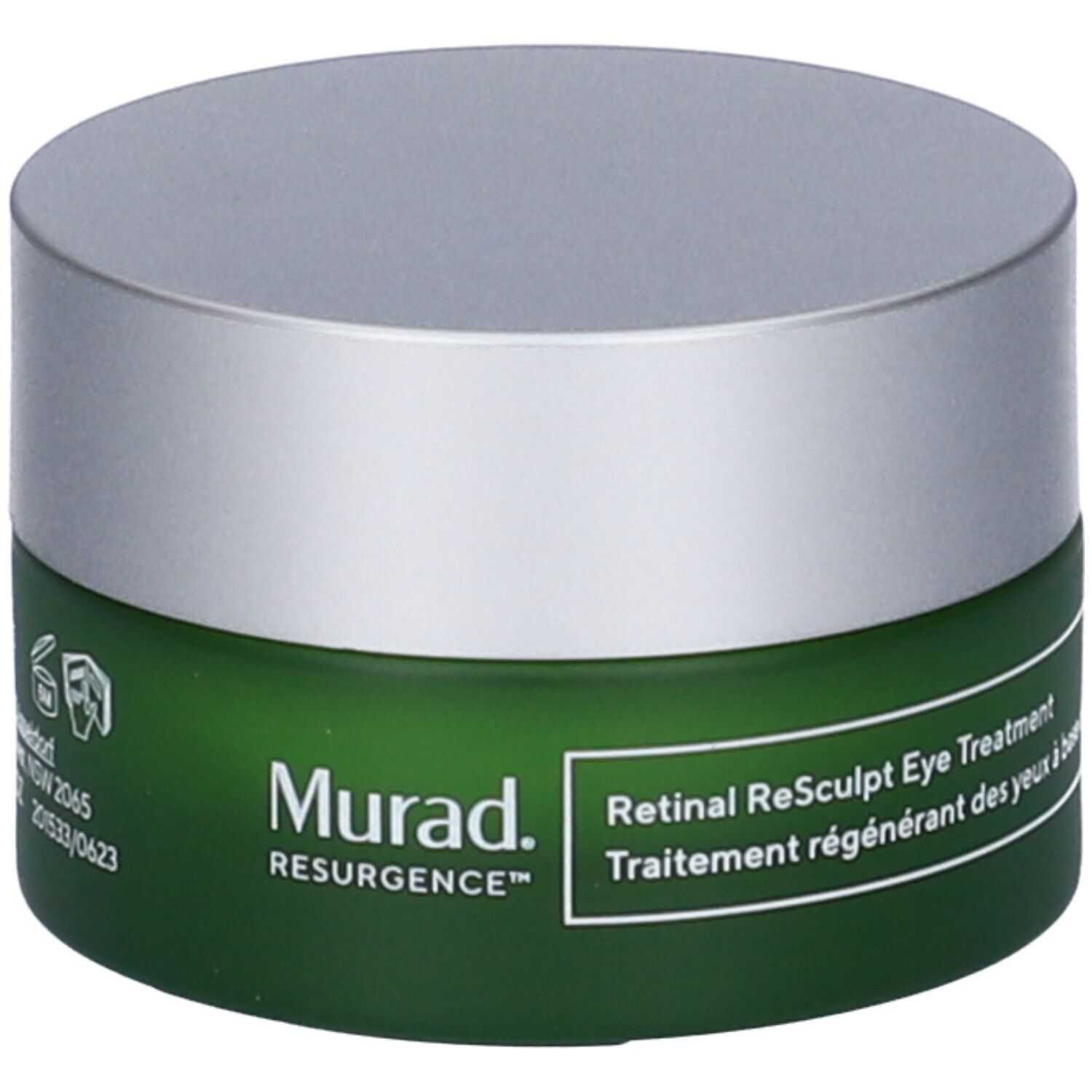 Vasetto verde con coperchio argentato. Scritta: Murad Retinal Resculpt Eye Treatment.