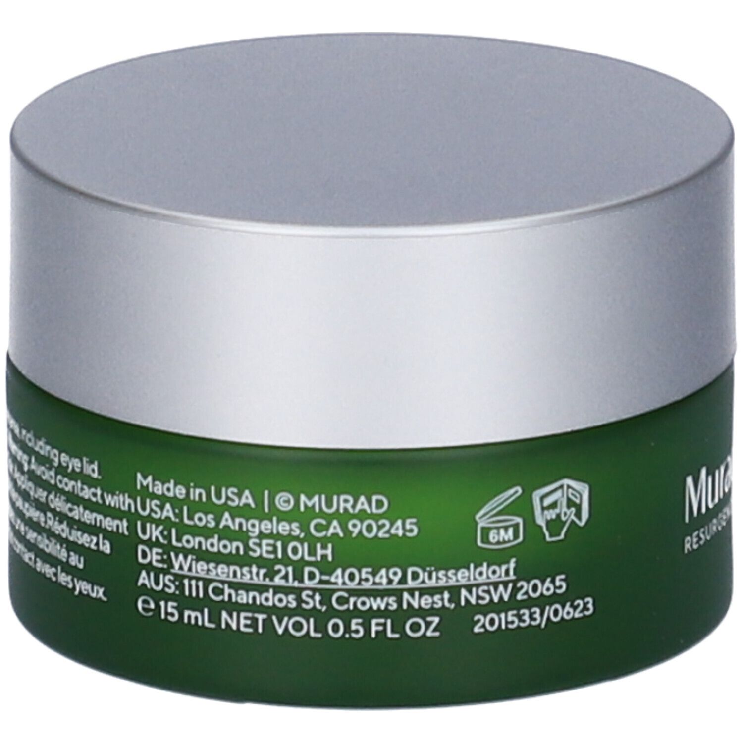 Vasetto verde con coperchio argentato. Scritta: Murad Retinal Resculpt Eye Treatment. Testo.