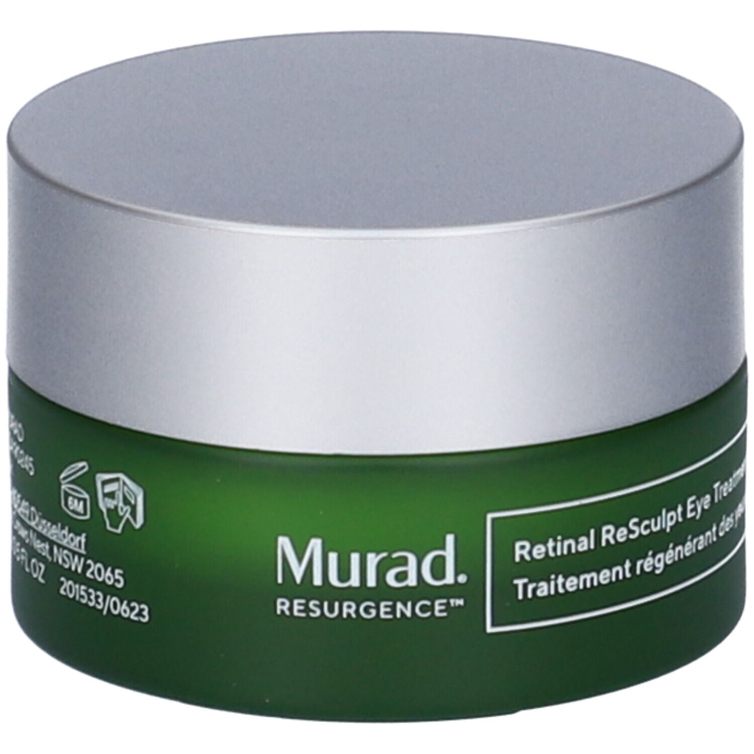 Vasetto verde con coperchio argentato. Scritta: Murad Retinal Resculpt Eye Treatment.