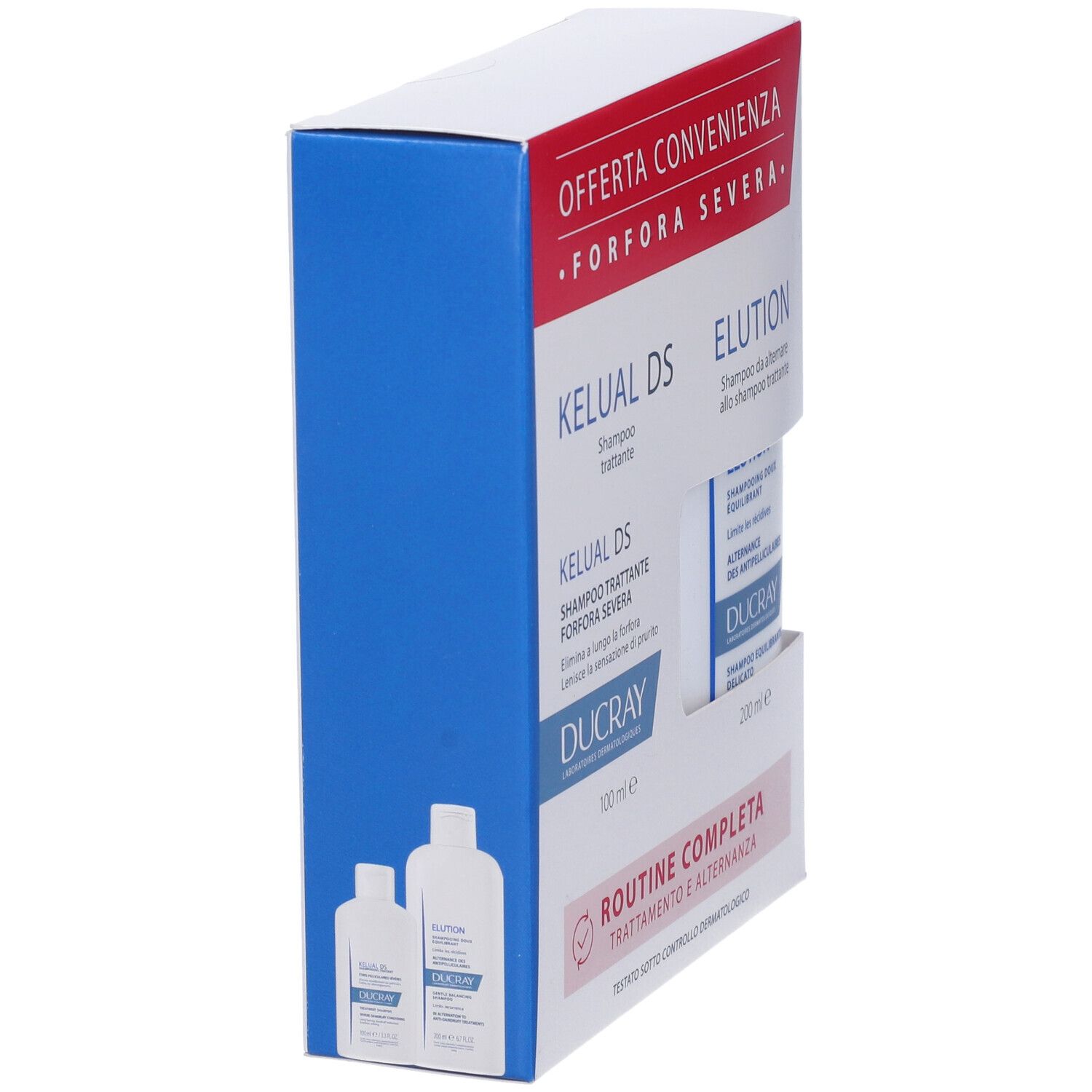 Confezione di shampoo inclinata. Scritte: Kelual DS ed Elution. Marchio: Ducray. Confezione blu e bianca.