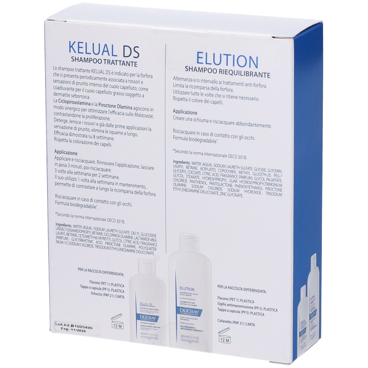 Retro della confezione con informazioni sul prodotto. Scritte: Kelual DS ed Elution. Marchio: Ducray. Ingredienti e modalità d'uso.