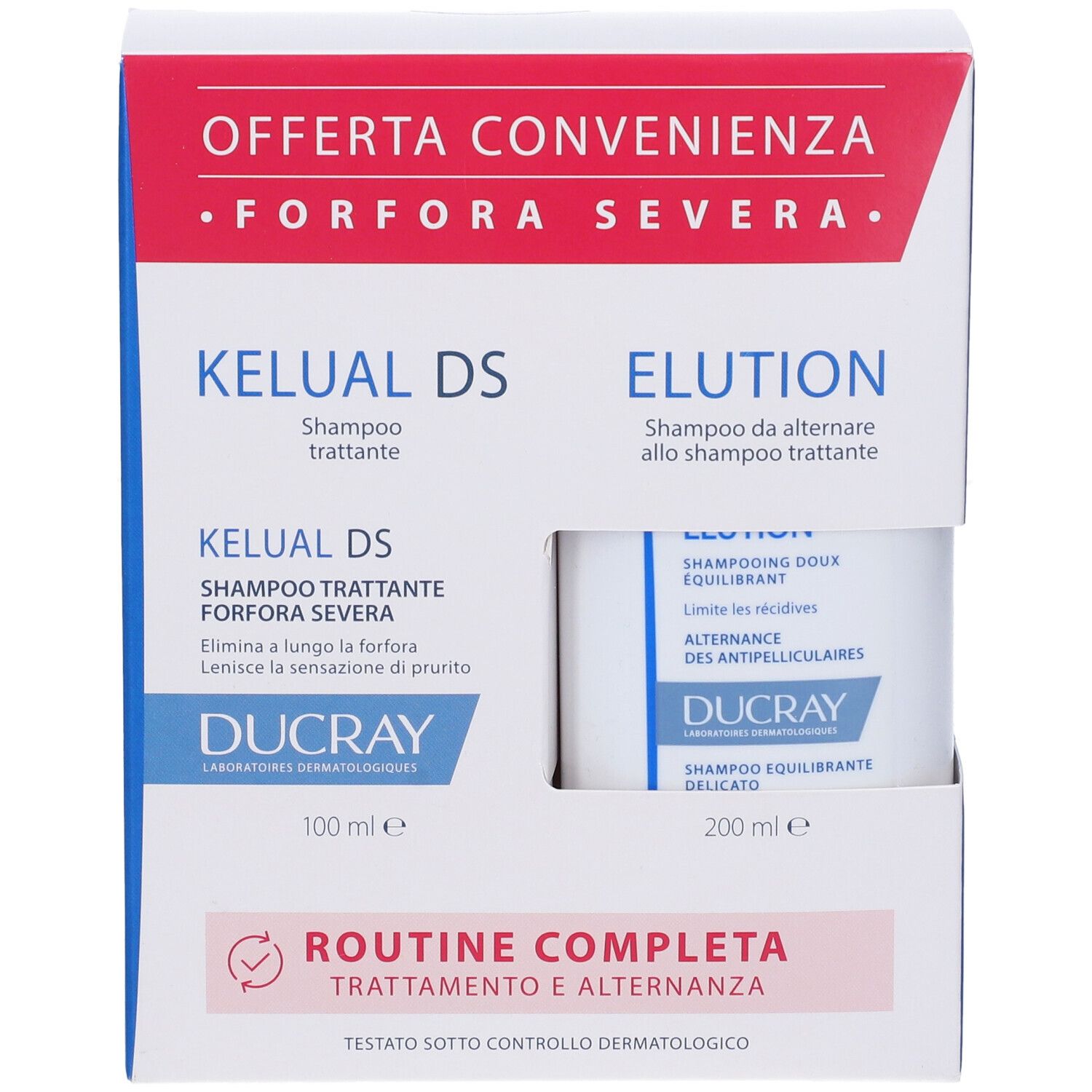 Confezione Ducray con shampoo Kelual DS ed Elution. Contiene due flaconi. Scritte: Kelual DS ed Elution. Flaconi da 100 ml e 200 ml.