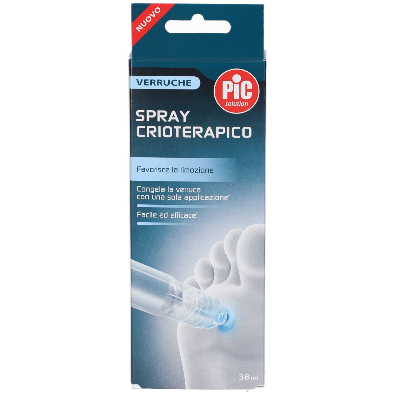 Confezione del prodotto con flacone spray. Scritta: Spray Crioterapico, Pic. Illustrazione piede. 38 ml. Etichetta Nuovo.
