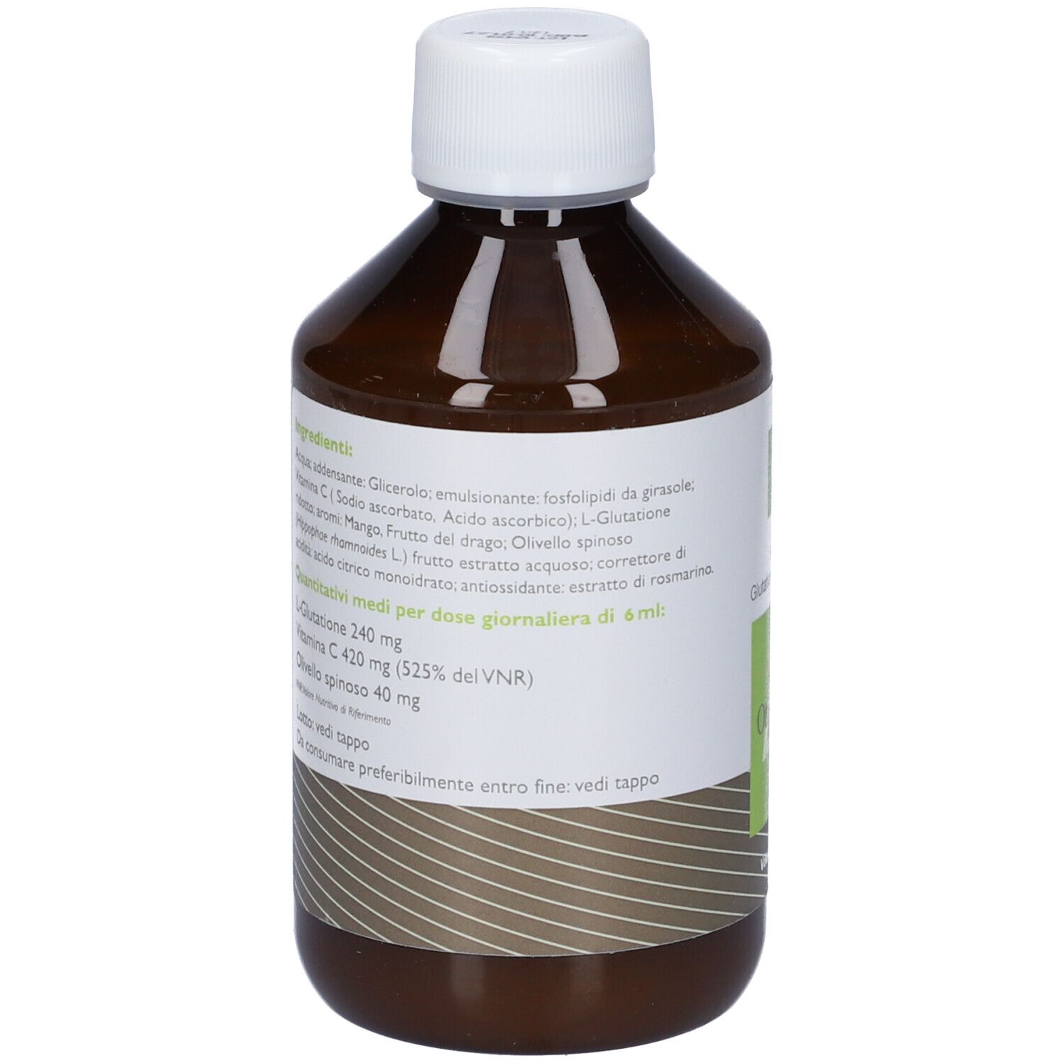 Bottiglia marrone, tappo bianco. Etichetta con ingredienti e informazioni nutrizionali.