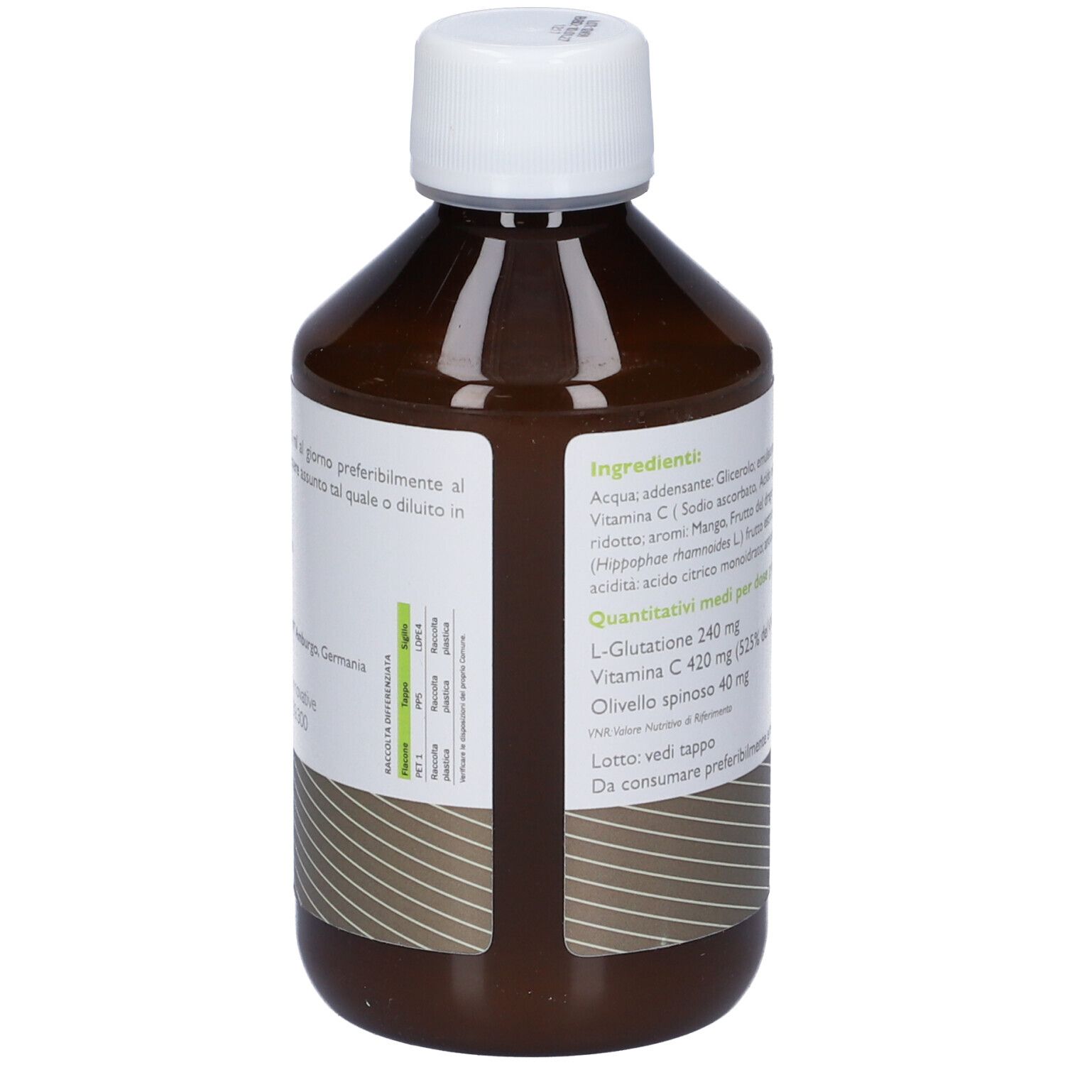 Bottiglia marrone, tappo bianco. Etichetta con ingredienti e informazioni nutrizionali.