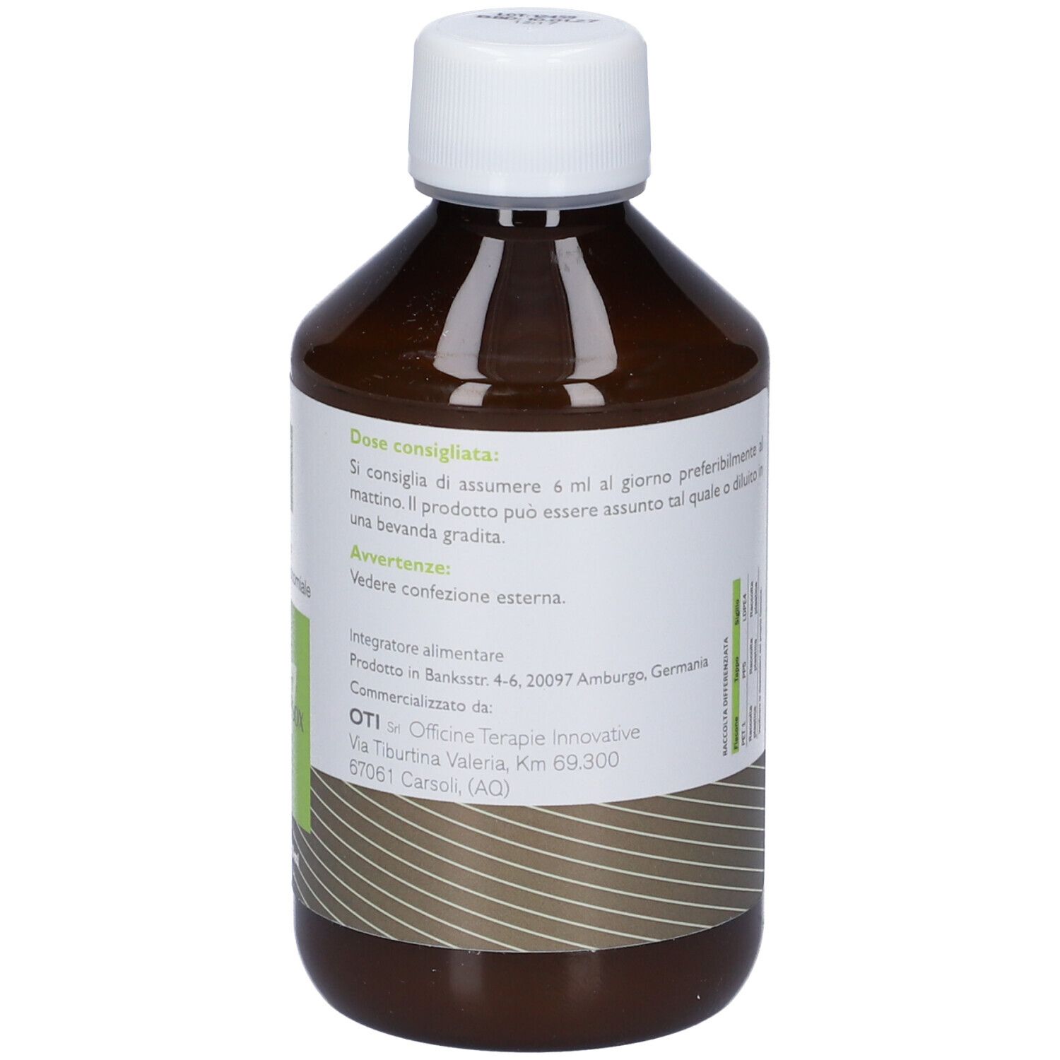 Bottiglia marrone, tappo bianco. Etichetta con istruzioni per il dosaggio e avvertenze.