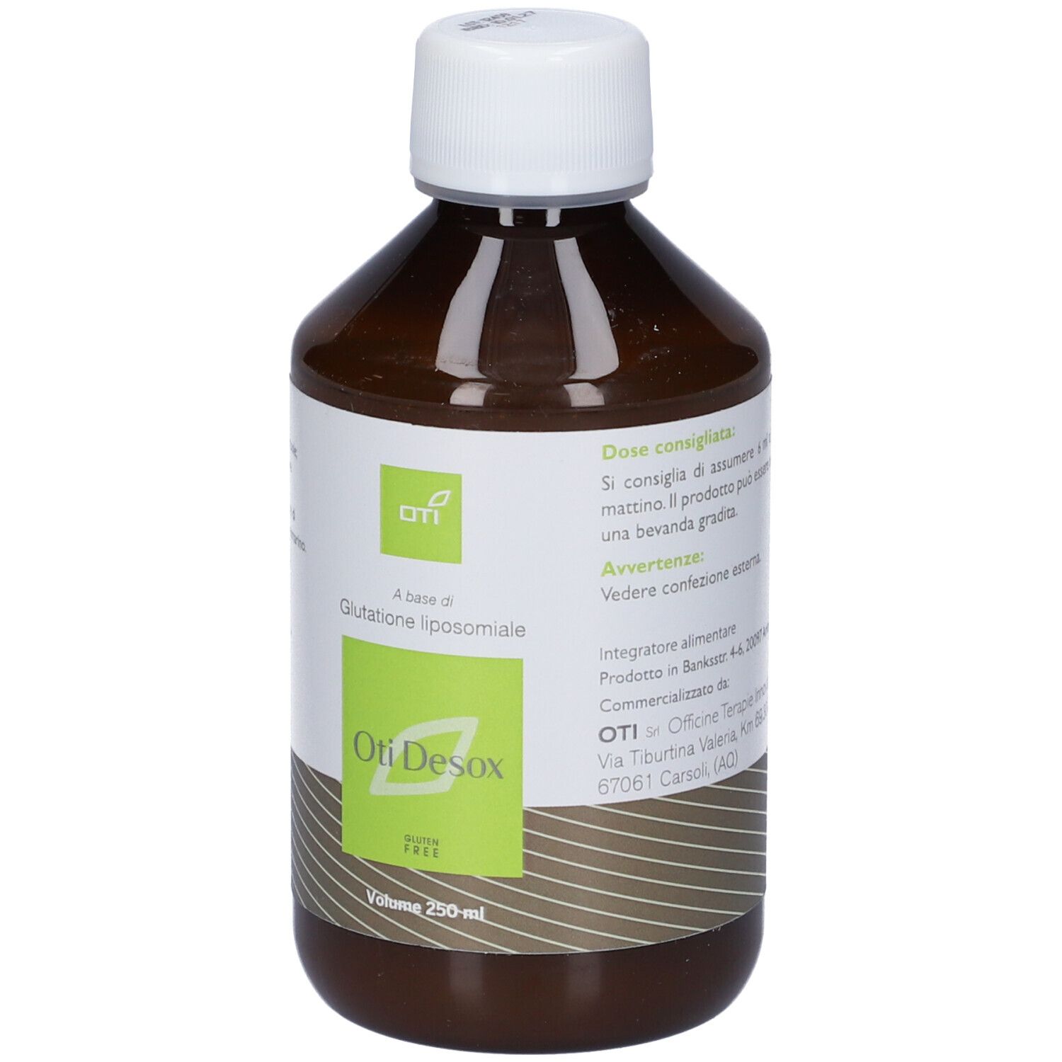 Bottiglia marrone, tappo bianco. Etichetta verde con nome del prodotto e logo.