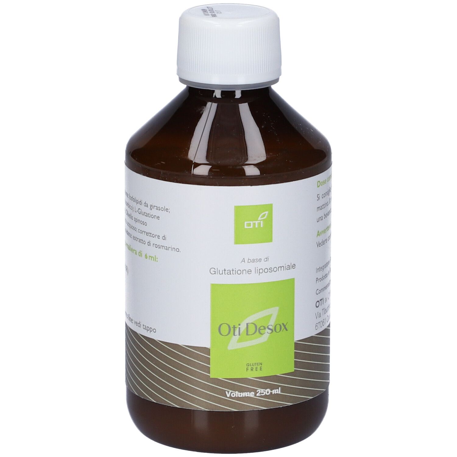 Bottiglia marrone, tappo bianco. Etichetta verde con nome del prodotto e logo.